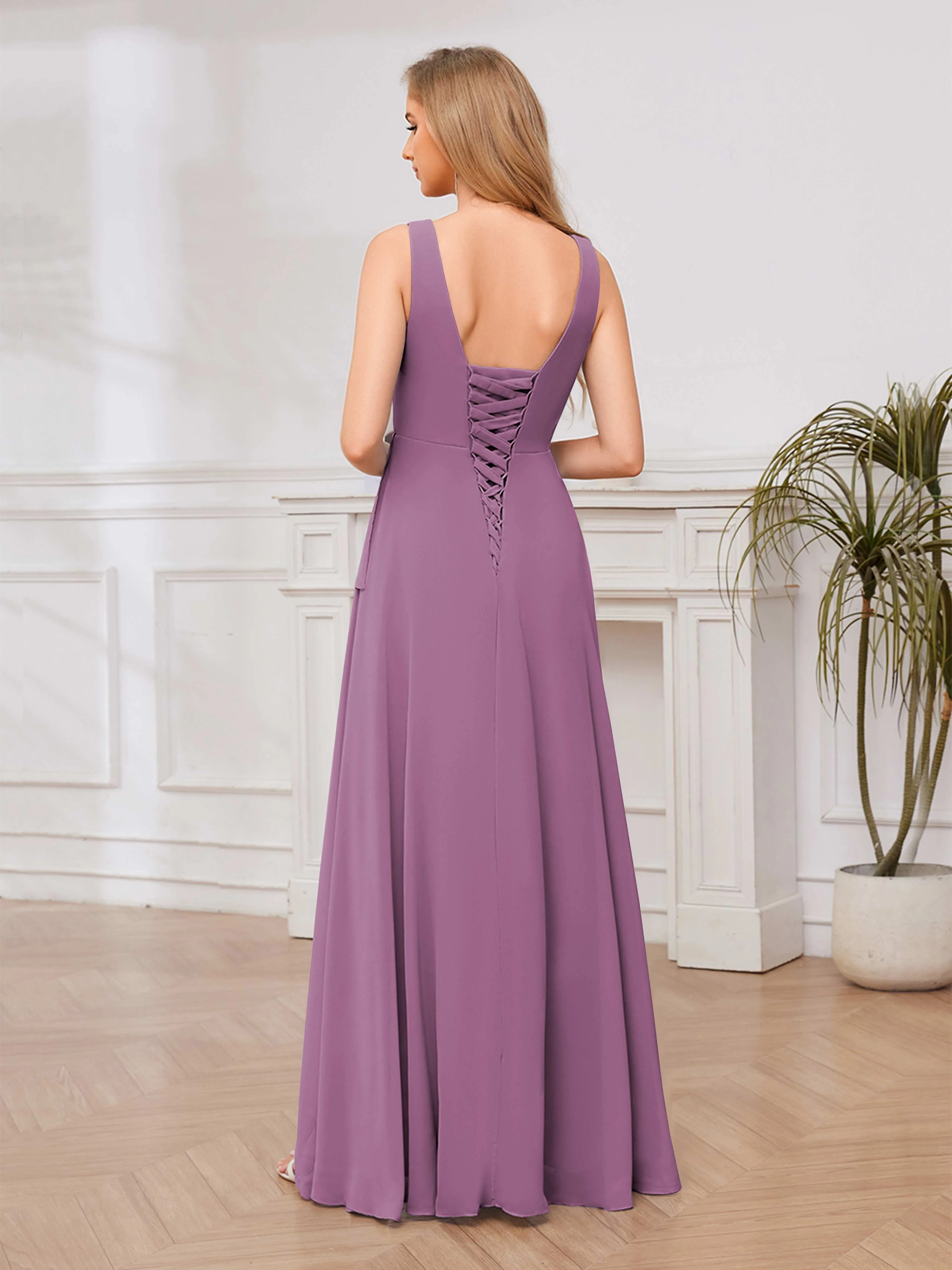 Chelsea Flowing A-Line Square Slit Long Chiffon Bridesmaid Dresses