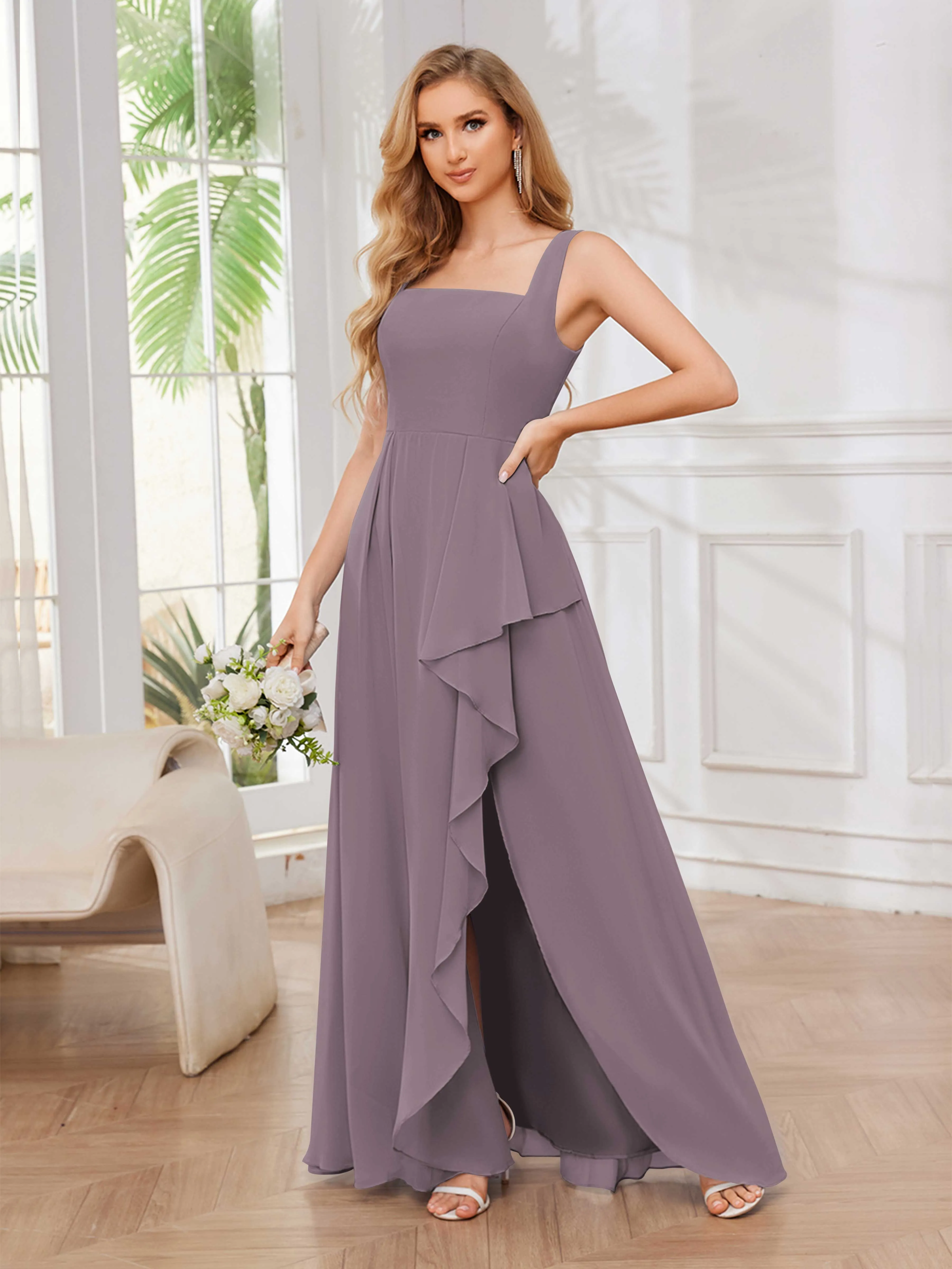 Chelsea Flowing A-Line Square Slit Long Chiffon Bridesmaid Dresses