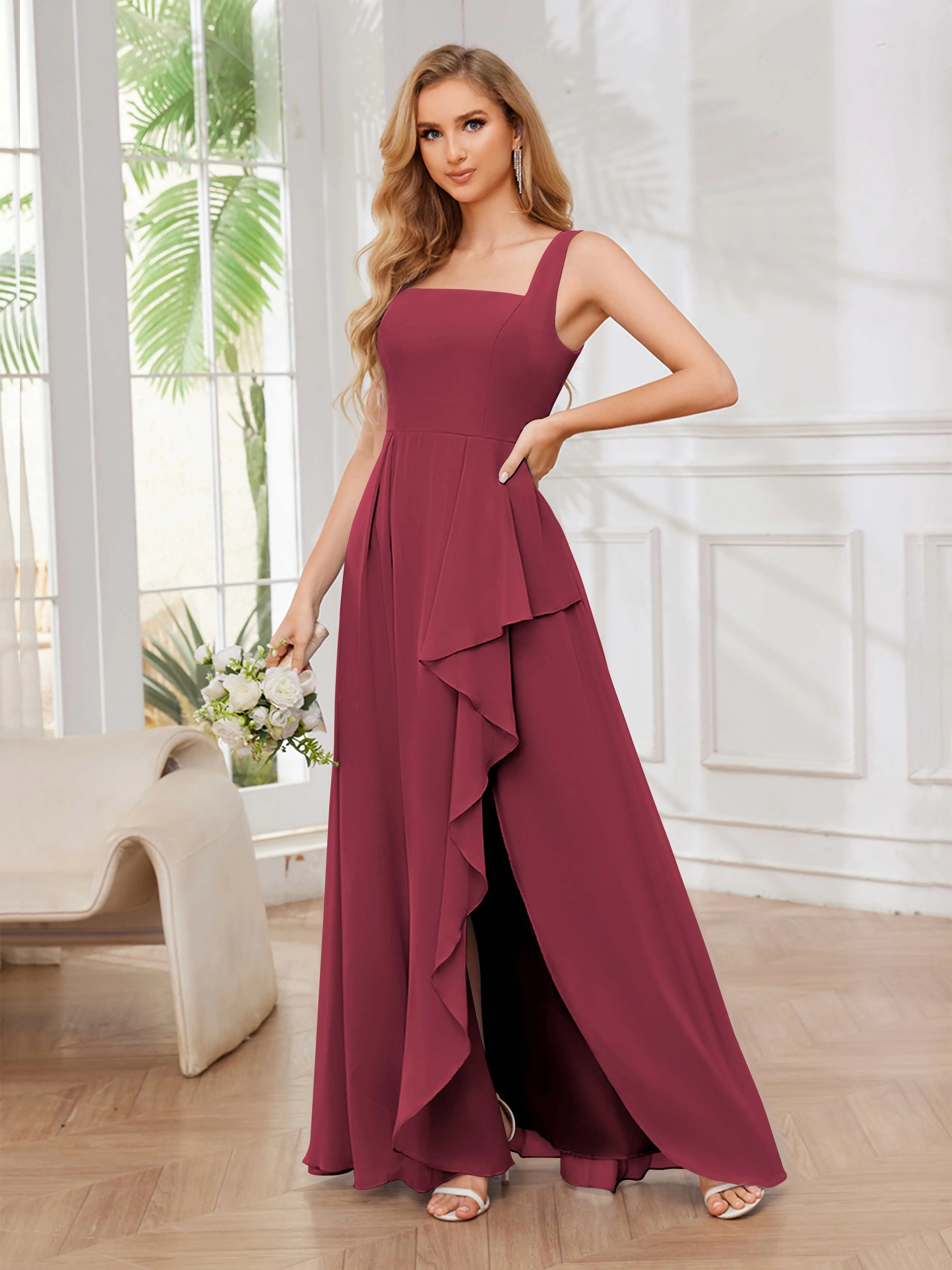Chelsea Flowing A-Line Square Slit Long Chiffon Bridesmaid Dresses