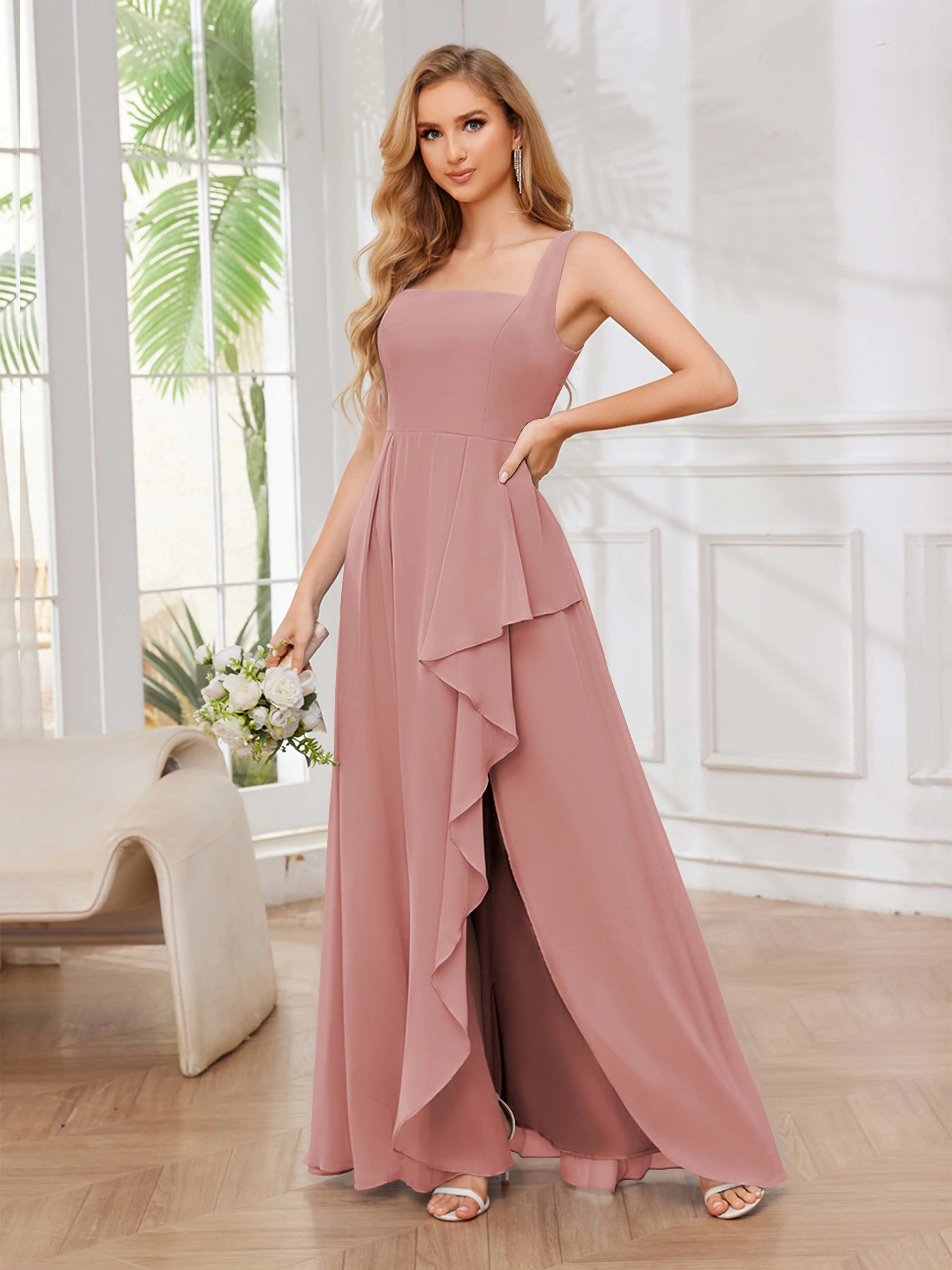 Chelsea Flowing A-Line Square Slit Long Chiffon Bridesmaid Dresses