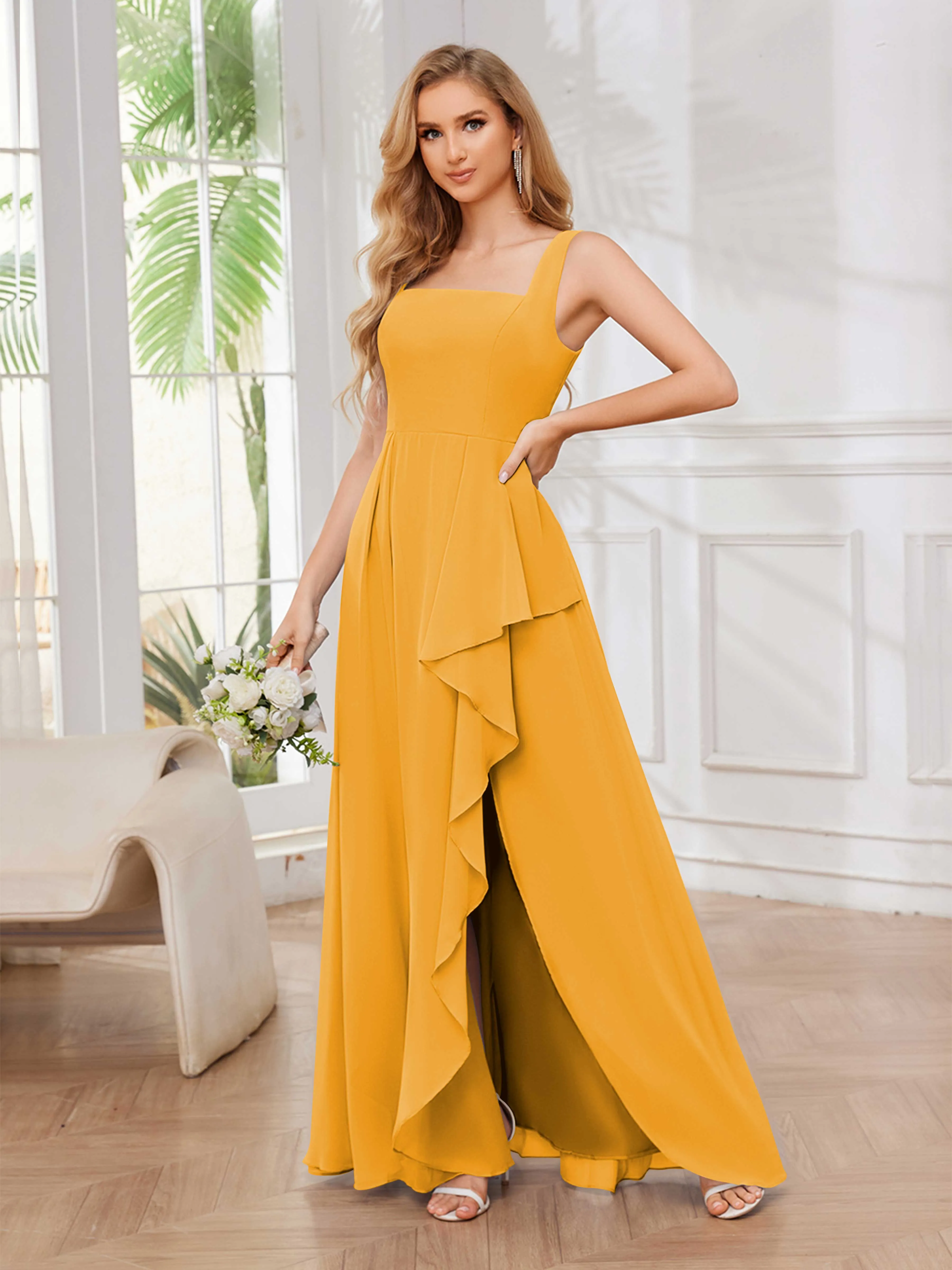 Chelsea Flowing A-Line Square Slit Long Chiffon Bridesmaid Dresses