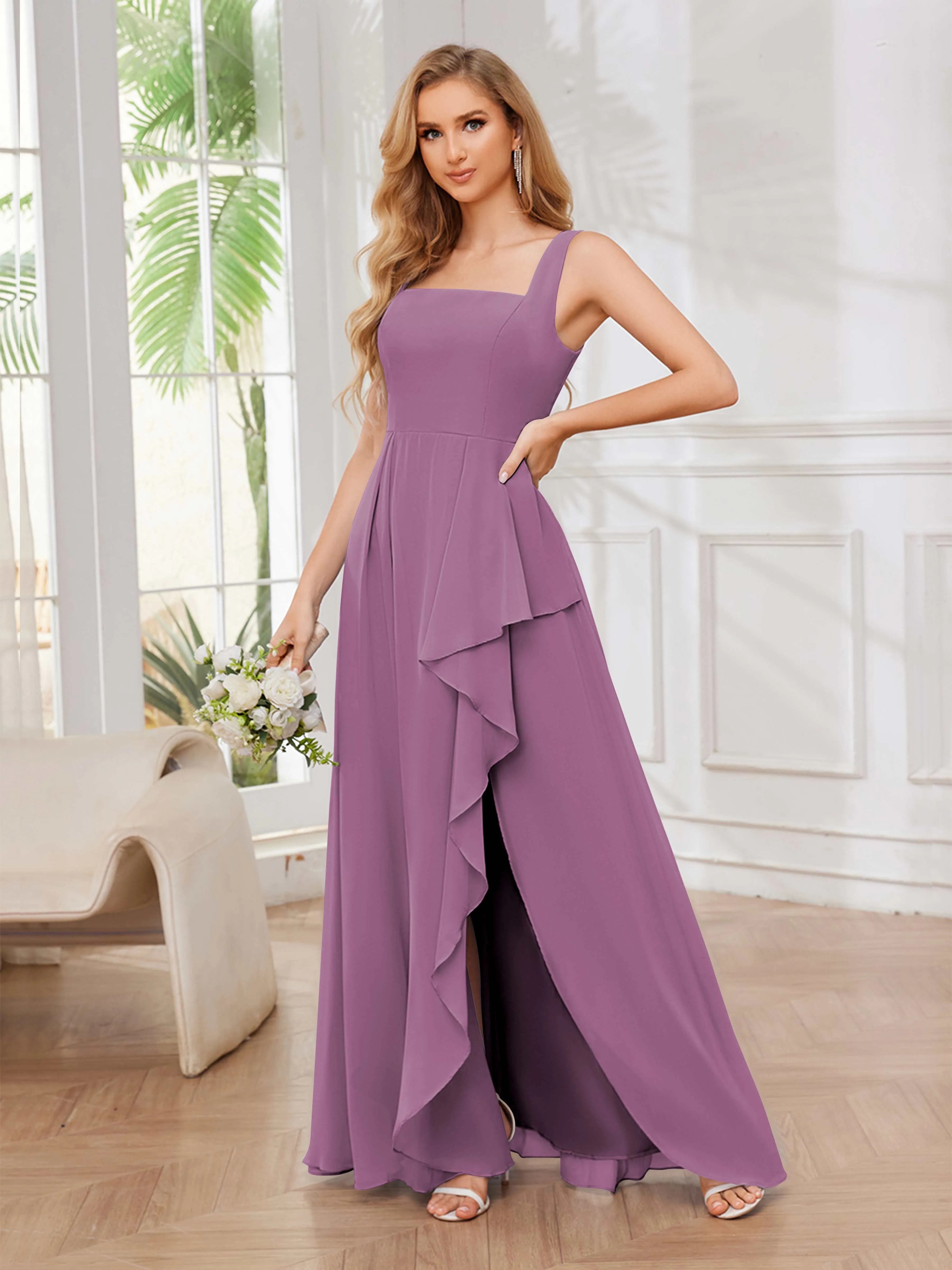 Chelsea Flowing A-Line Square Slit Long Chiffon Bridesmaid Dresses