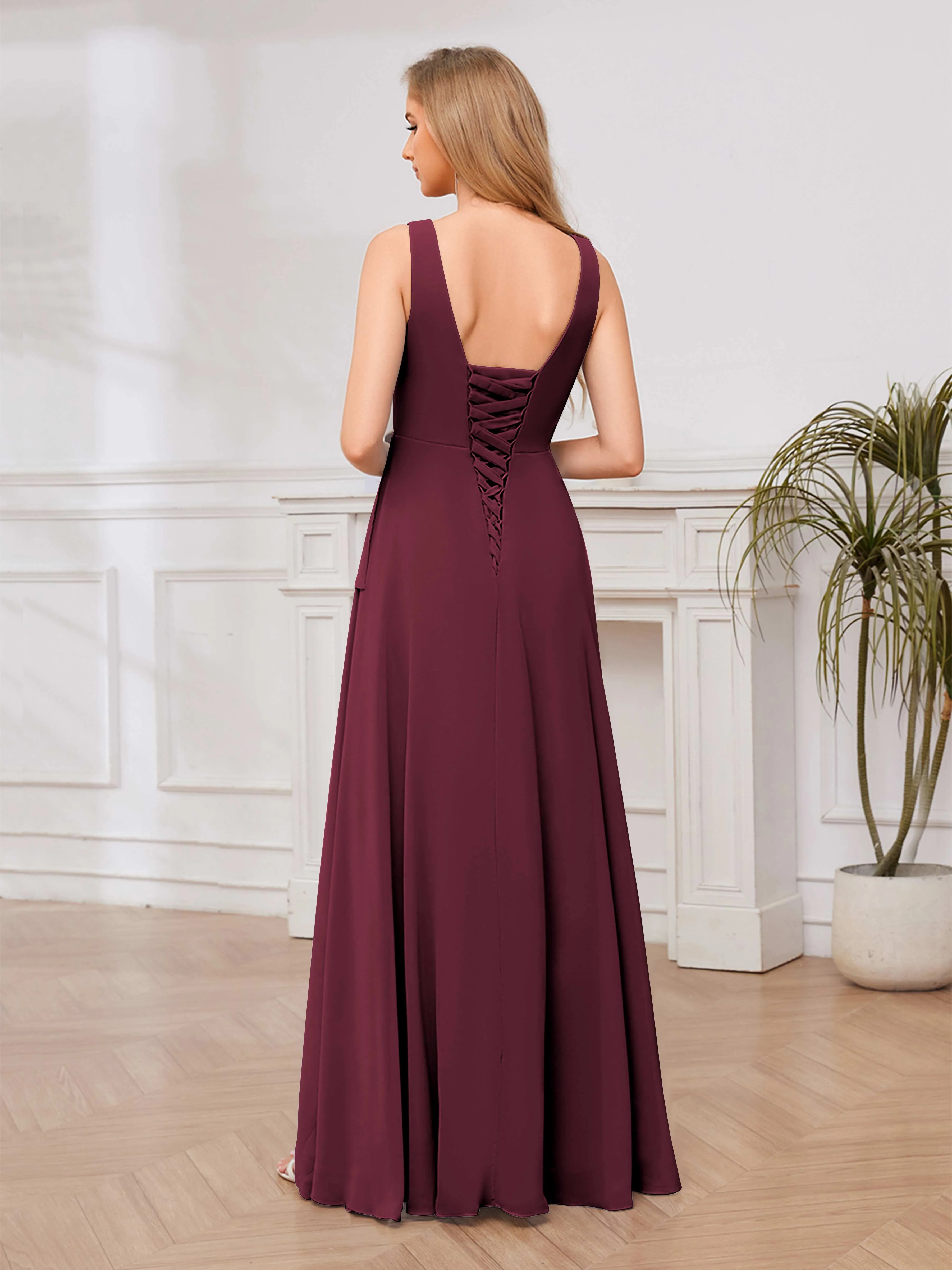 Chelsea Flowing A-Line Square Slit Long Chiffon Bridesmaid Dresses