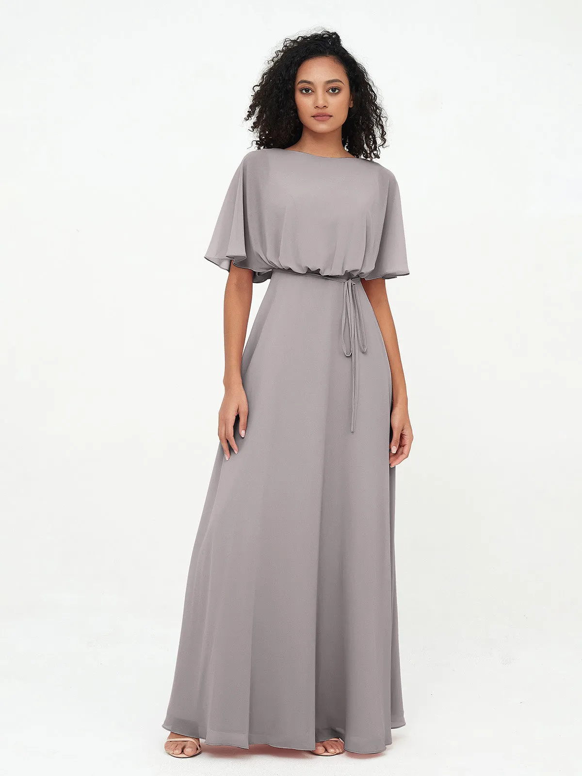 Chiffon Full Length Bridesmaid Dresses with Wrap Silver
