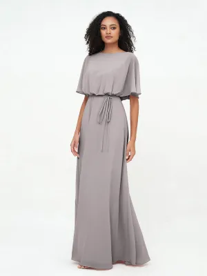 Chiffon Full Length Bridesmaid Dresses with Wrap Silver