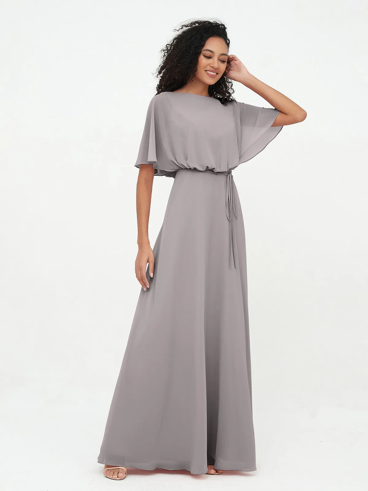 Chiffon Full Length Bridesmaid Dresses with Wrap Silver