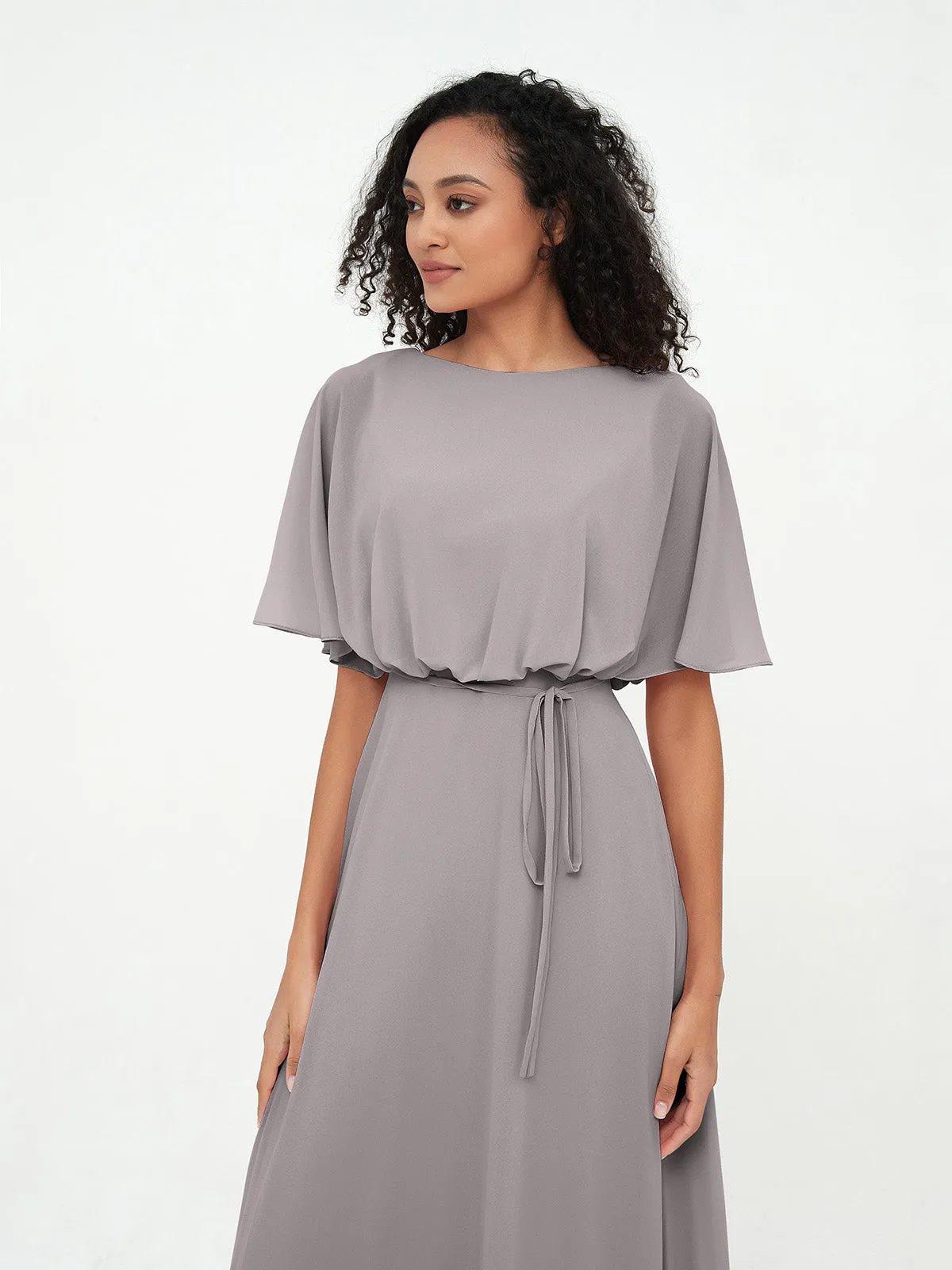 Chiffon Full Length Bridesmaid Dresses with Wrap Silver