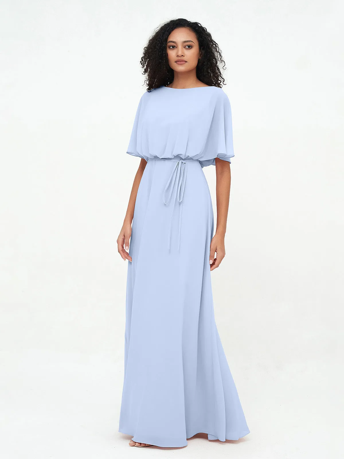 Chiffon Full Length Bridesmaid Dresses with Wrap Sky Blue