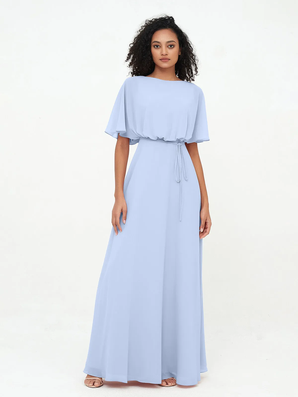 Chiffon Full Length Bridesmaid Dresses with Wrap Sky Blue