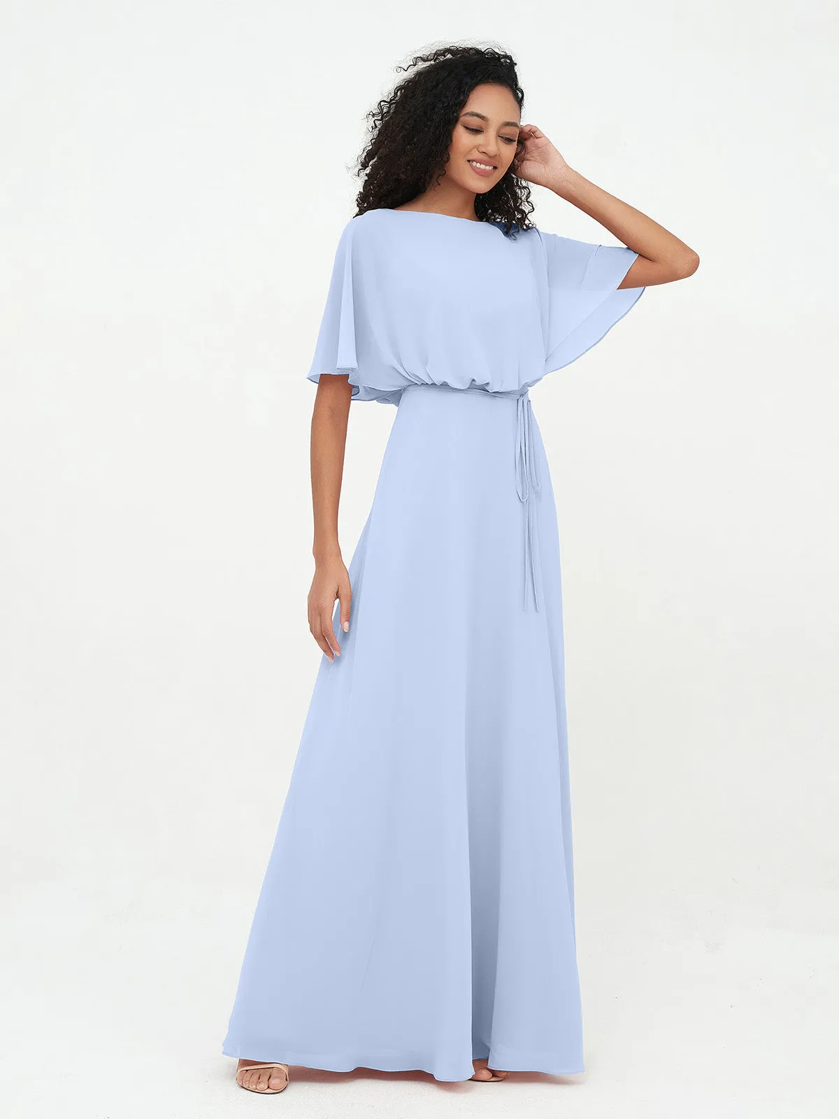 Chiffon Full Length Bridesmaid Dresses with Wrap Sky Blue