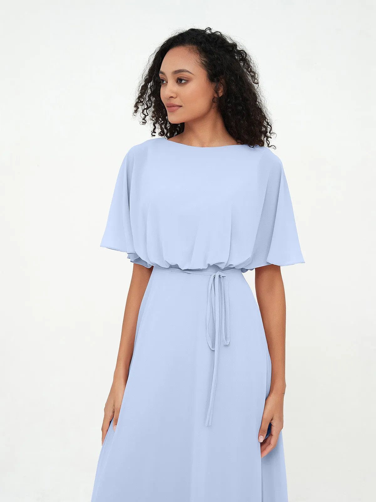 Chiffon Full Length Bridesmaid Dresses with Wrap Sky Blue