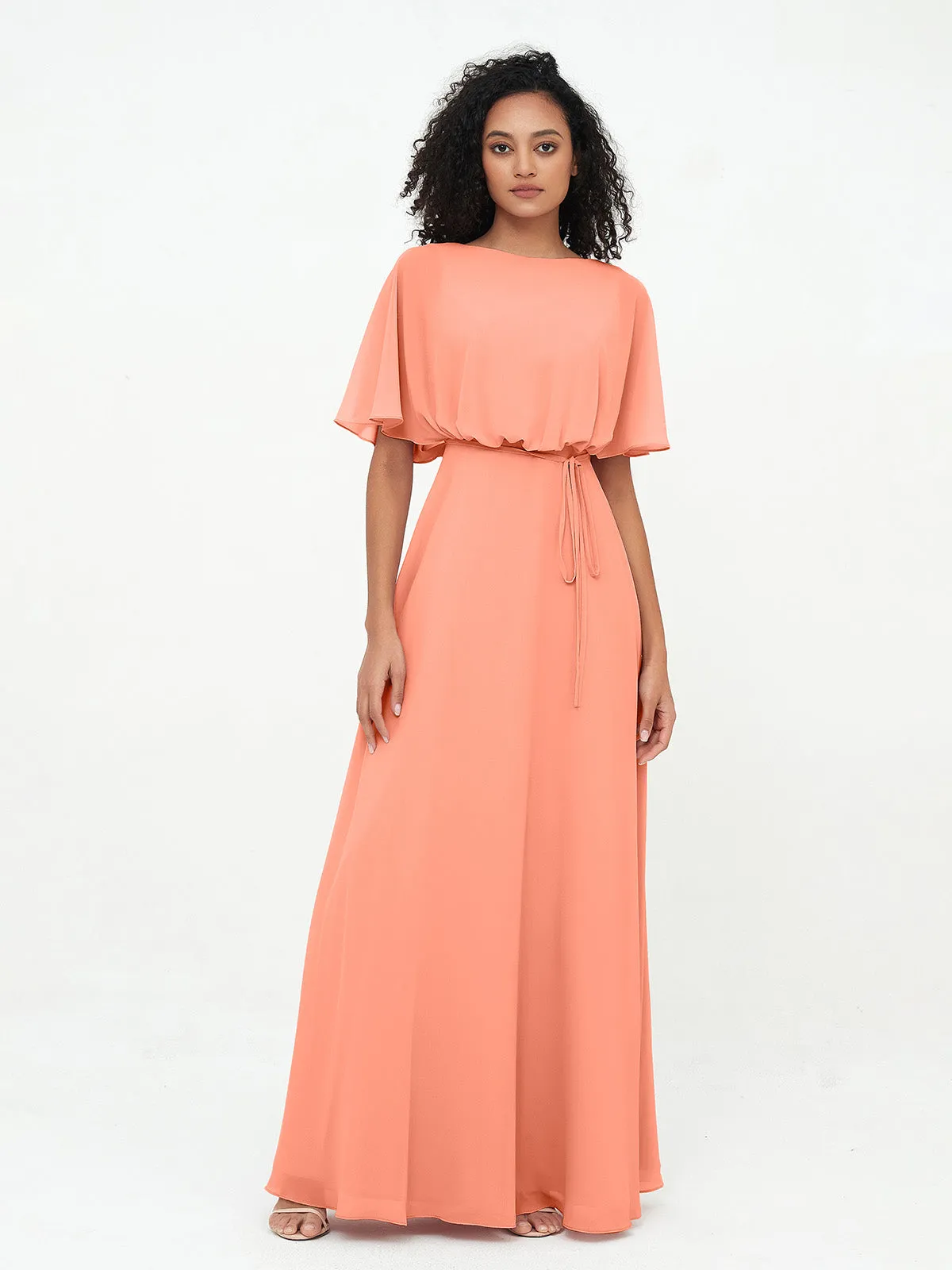 Chiffon Full Length Bridesmaid Dresses with Wrap Sunset