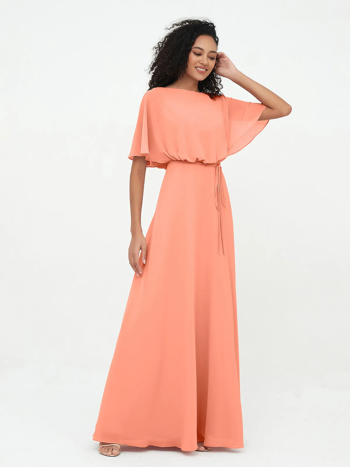 Chiffon Full Length Bridesmaid Dresses with Wrap Sunset