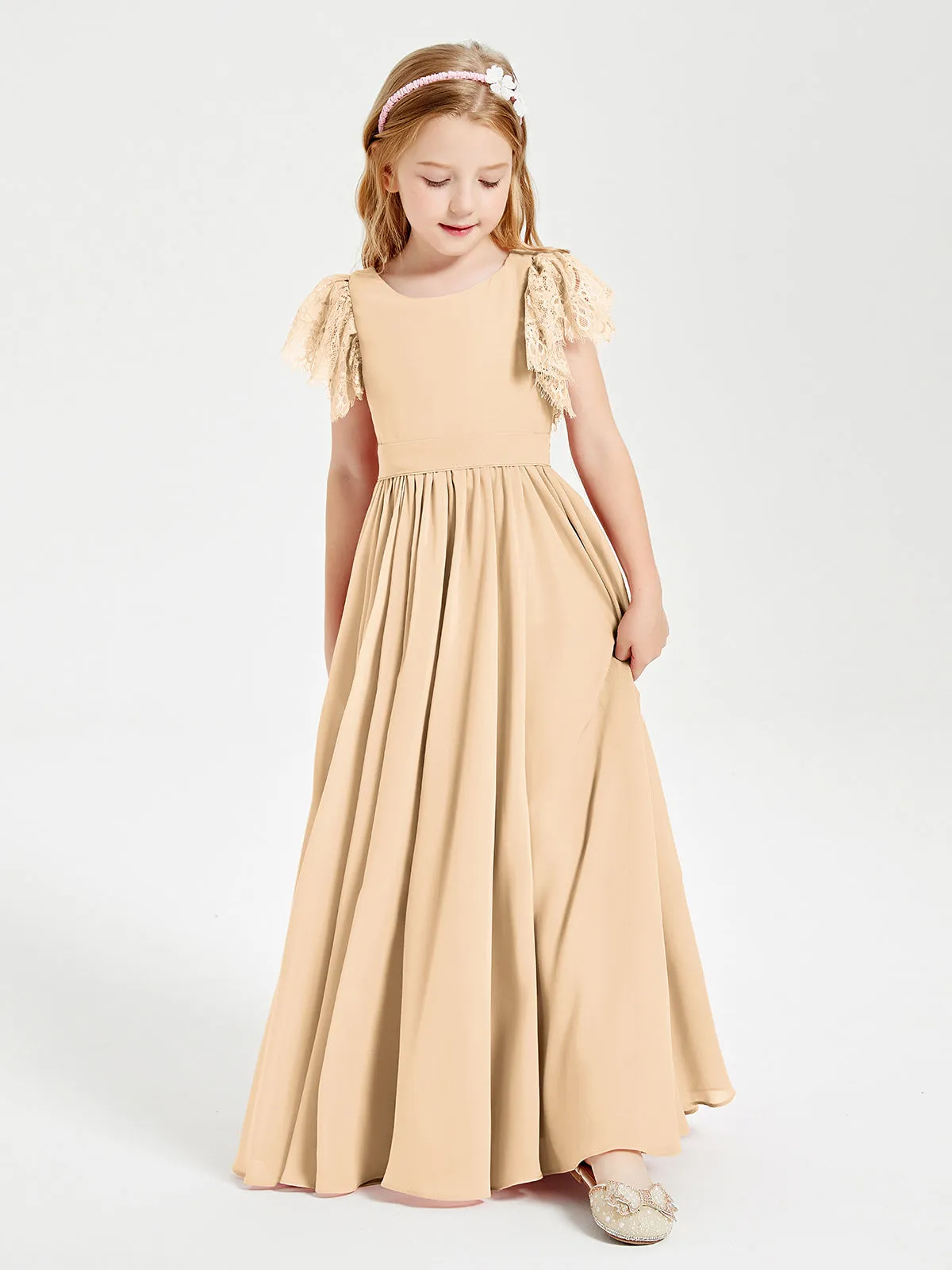 Chiffon Junior Bridesmaid Dresses Lace Flutter Sleeves Scoop Neck Peach