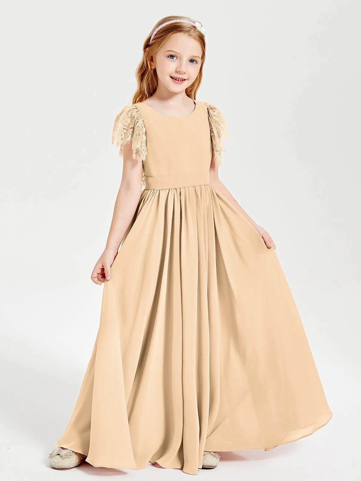 Chiffon Junior Bridesmaid Dresses Lace Flutter Sleeves Scoop Neck Peach