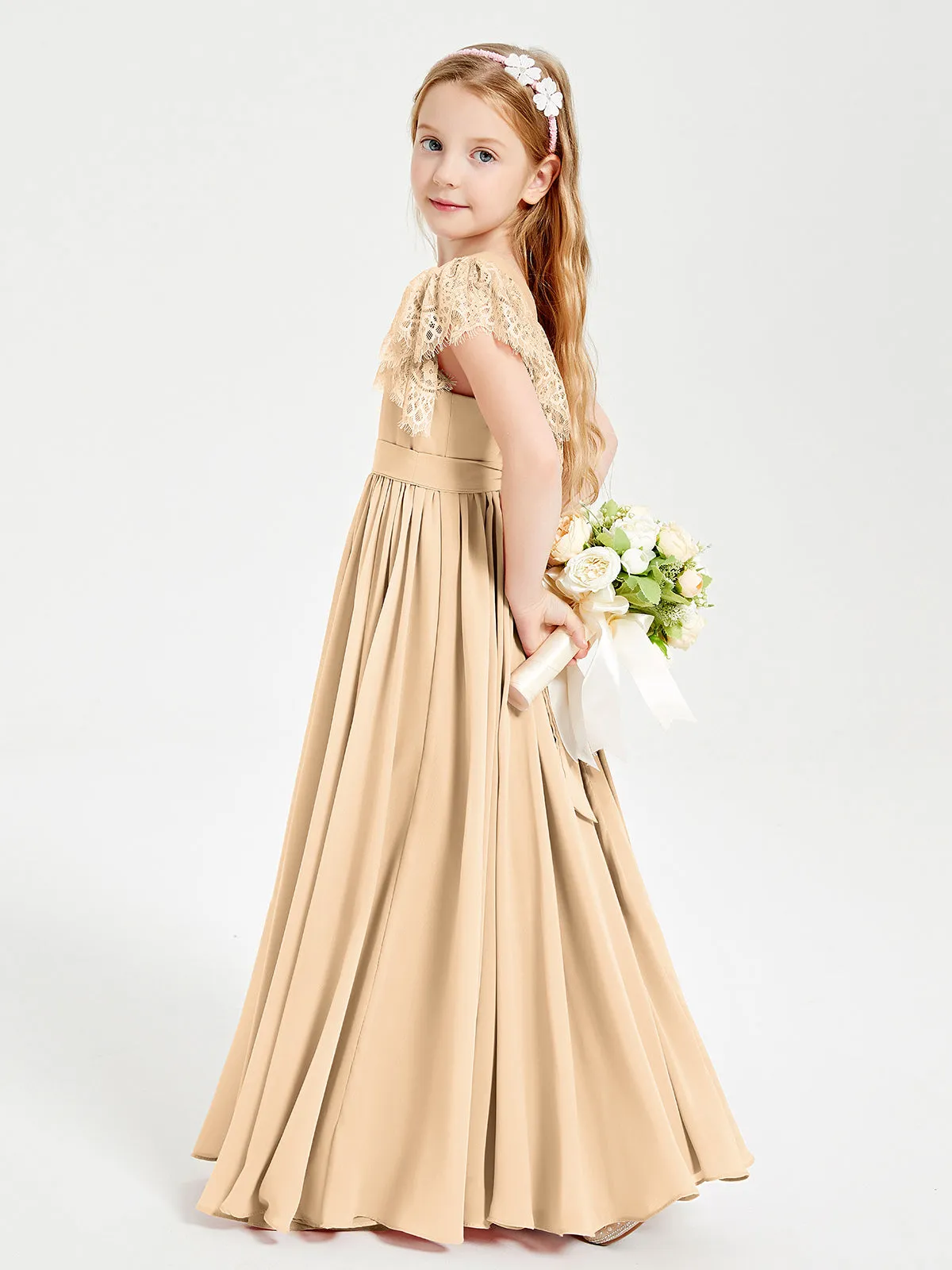 Chiffon Junior Bridesmaid Dresses Lace Flutter Sleeves Scoop Neck Peach