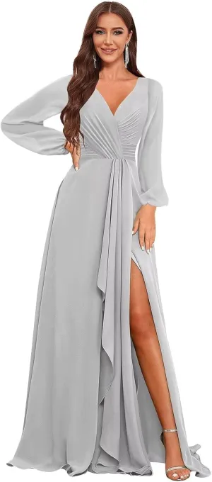 Chiffon Long Sleeve Bridesmaid Dresses for Women Long Ruffle V Neck Formal Dress Evening Gown with Slit