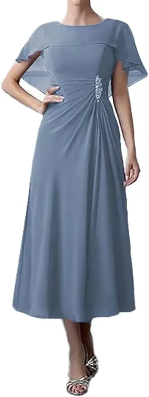 Chiffon Mother of The Bride Dresses 2024 Bat Sleeves Tea Length Formal Evening Party Gowns Cloak Grandma Dresses