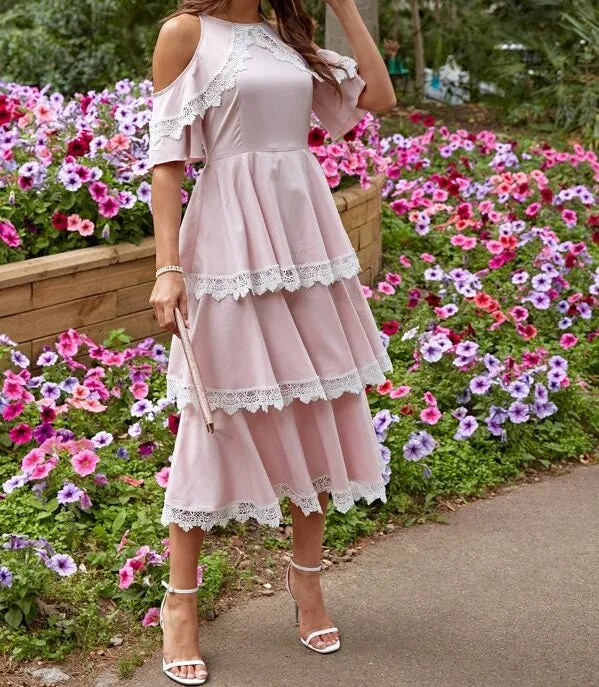 Cold Shoulder Lace Trim Layered Ruffle Hem Dress
