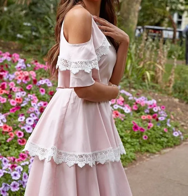 Cold Shoulder Lace Trim Layered Ruffle Hem Dress