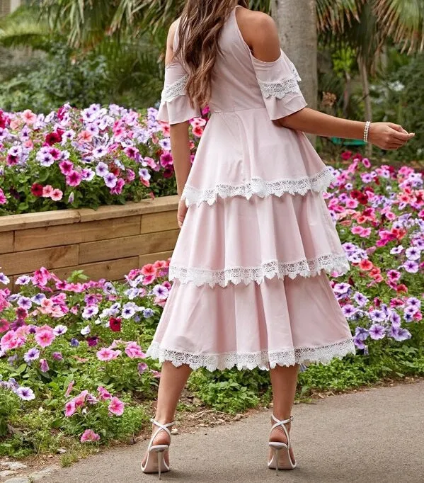 Cold Shoulder Lace Trim Layered Ruffle Hem Dress