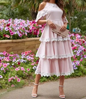 Cold Shoulder Lace Trim Layered Ruffle Hem Dress
