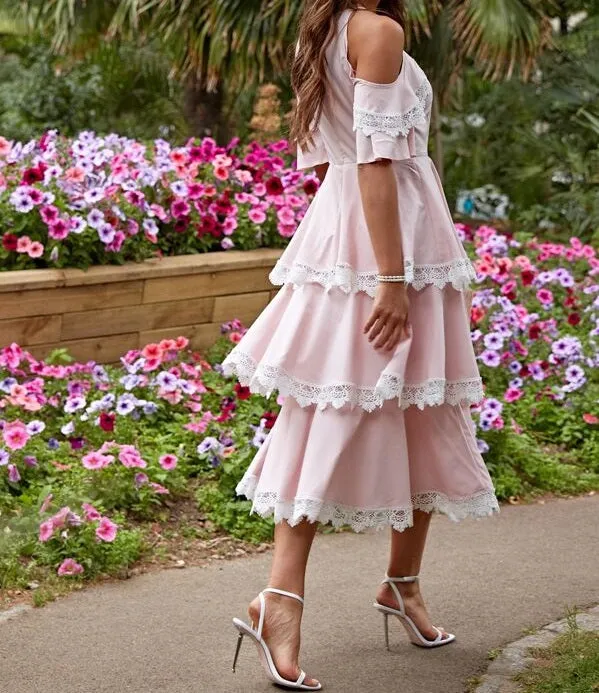 Cold Shoulder Lace Trim Layered Ruffle Hem Dress