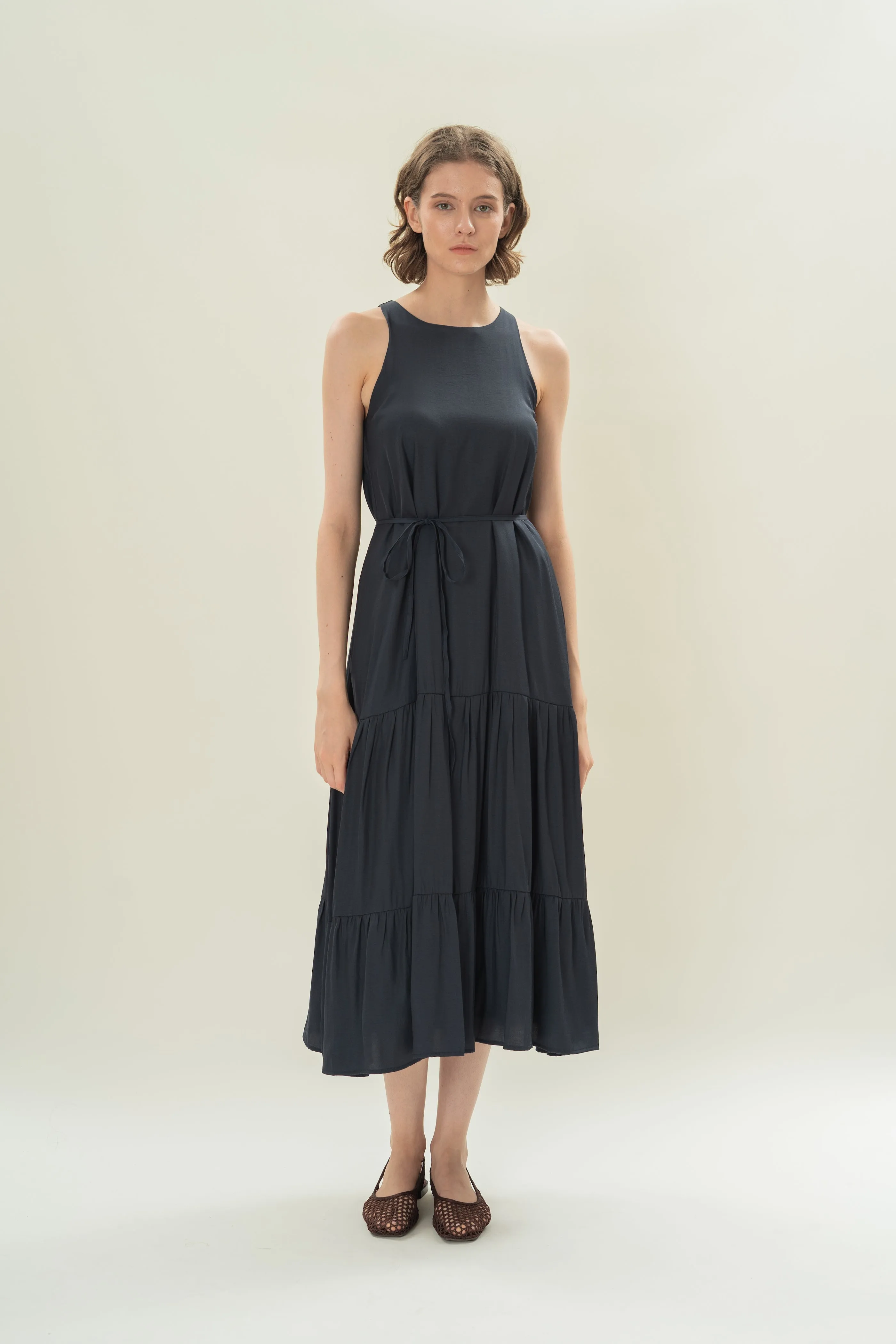 Cotton Blend Tiered Maxi Dress in Dark Navy