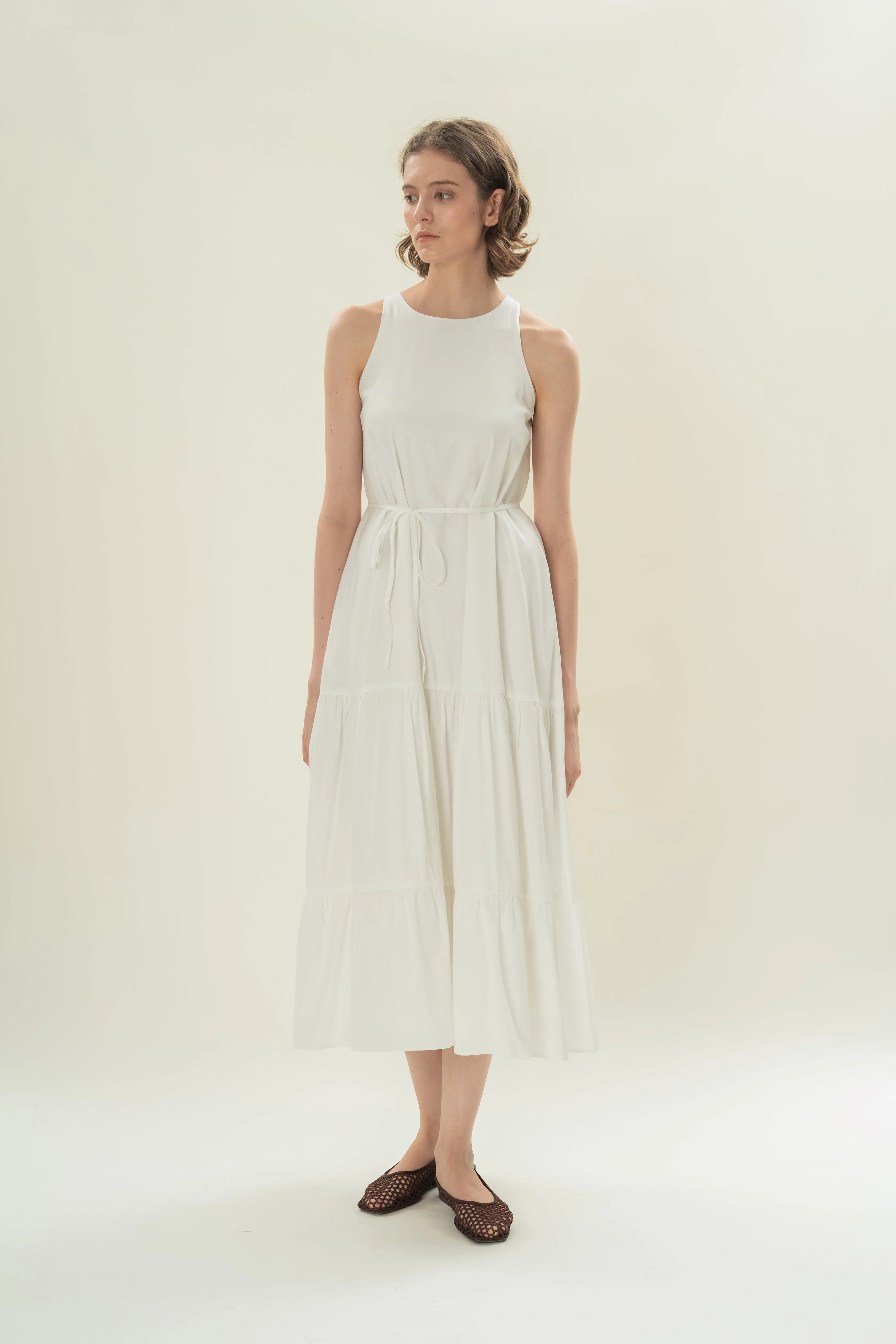 Cotton Blend Tiered Maxi Dress in White