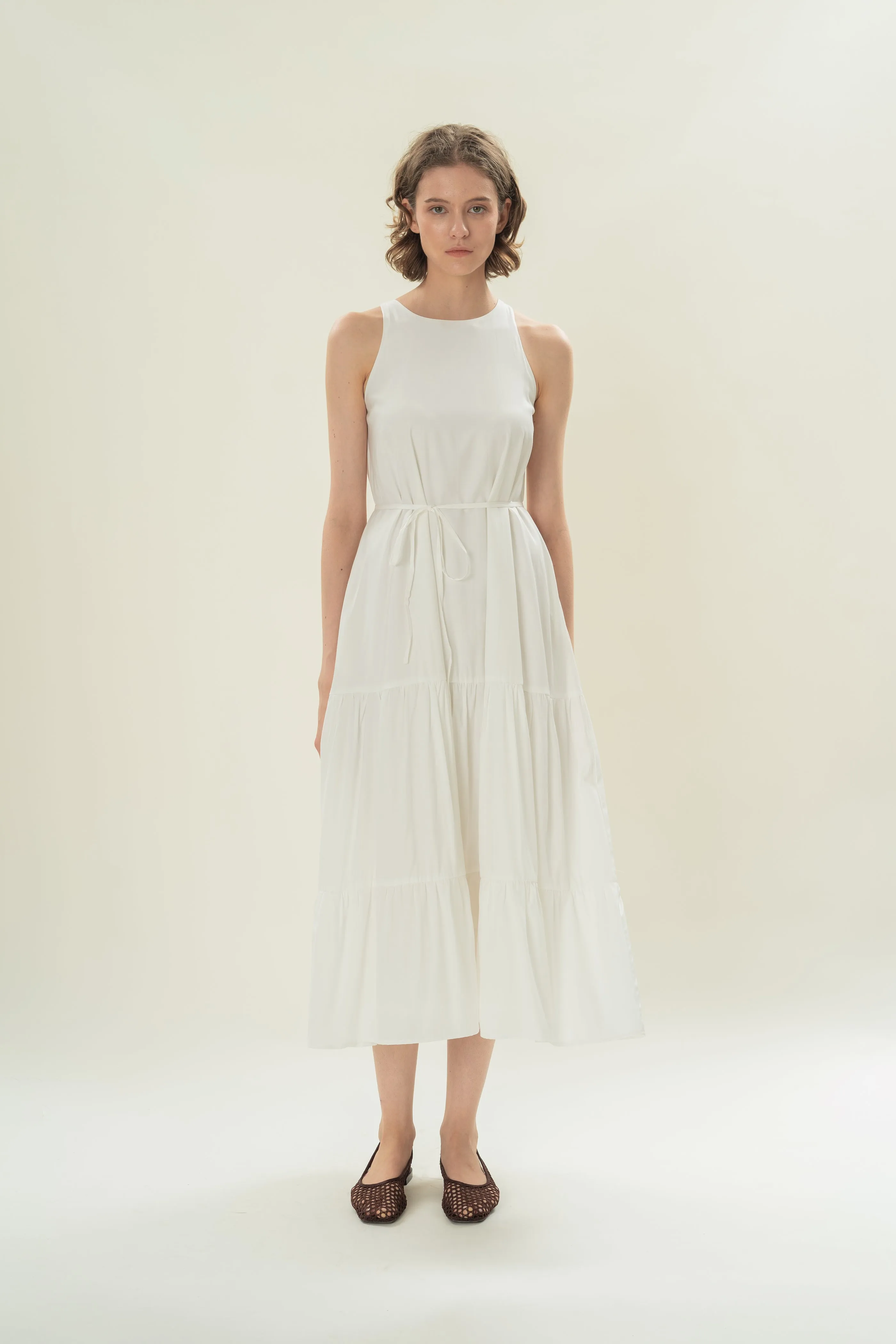 Cotton Blend Tiered Maxi Dress in White