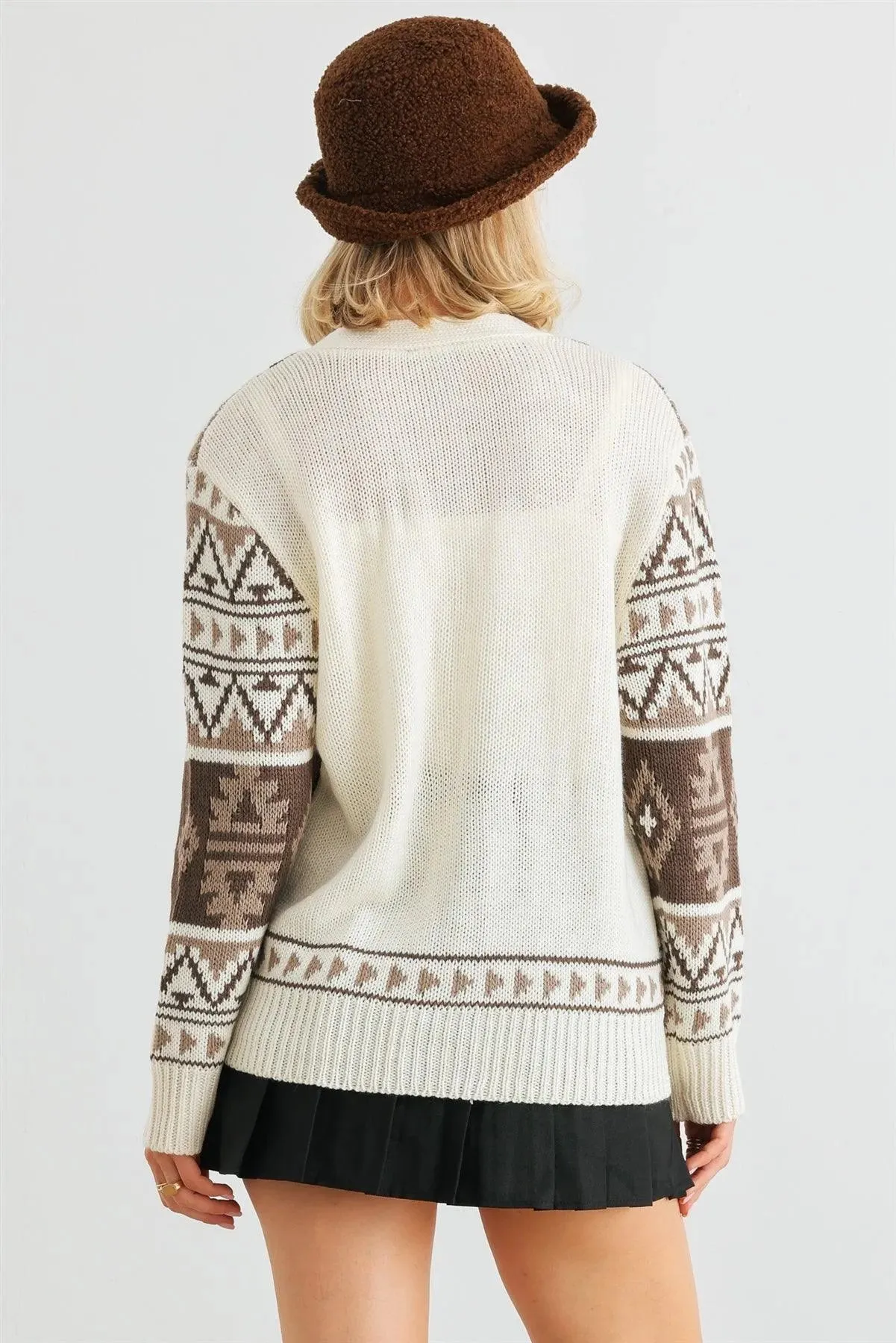 Cream Fair Isle Knit Button-Up Long Sleeve Cardigan Sweater /2-2