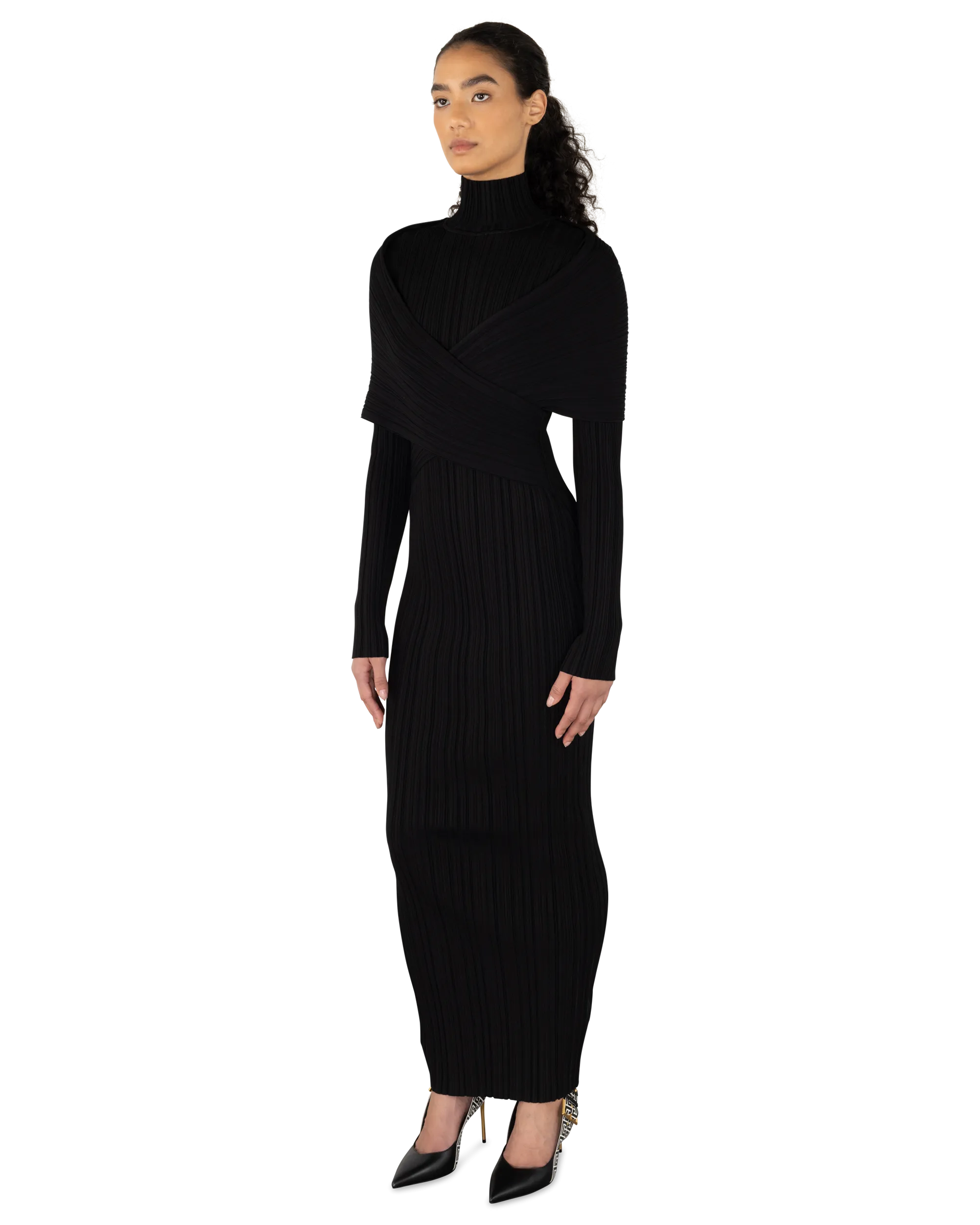 Criss Cross Pleated Knit Maxi Dress
