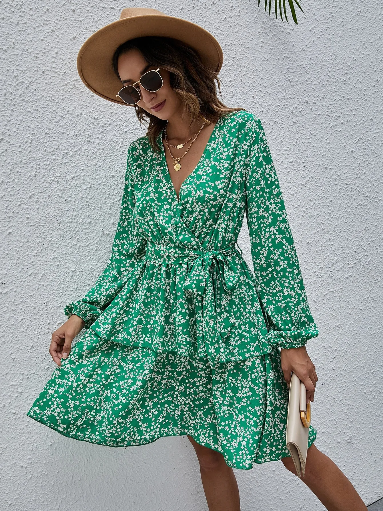 Ditsy Floral Belted Long Sleeve V Neck Layered/Tiered High Waist Short Dress