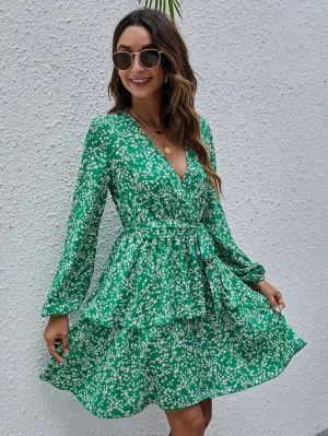 Ditsy Floral Belted Long Sleeve V Neck Layered/Tiered High Waist Short Dress