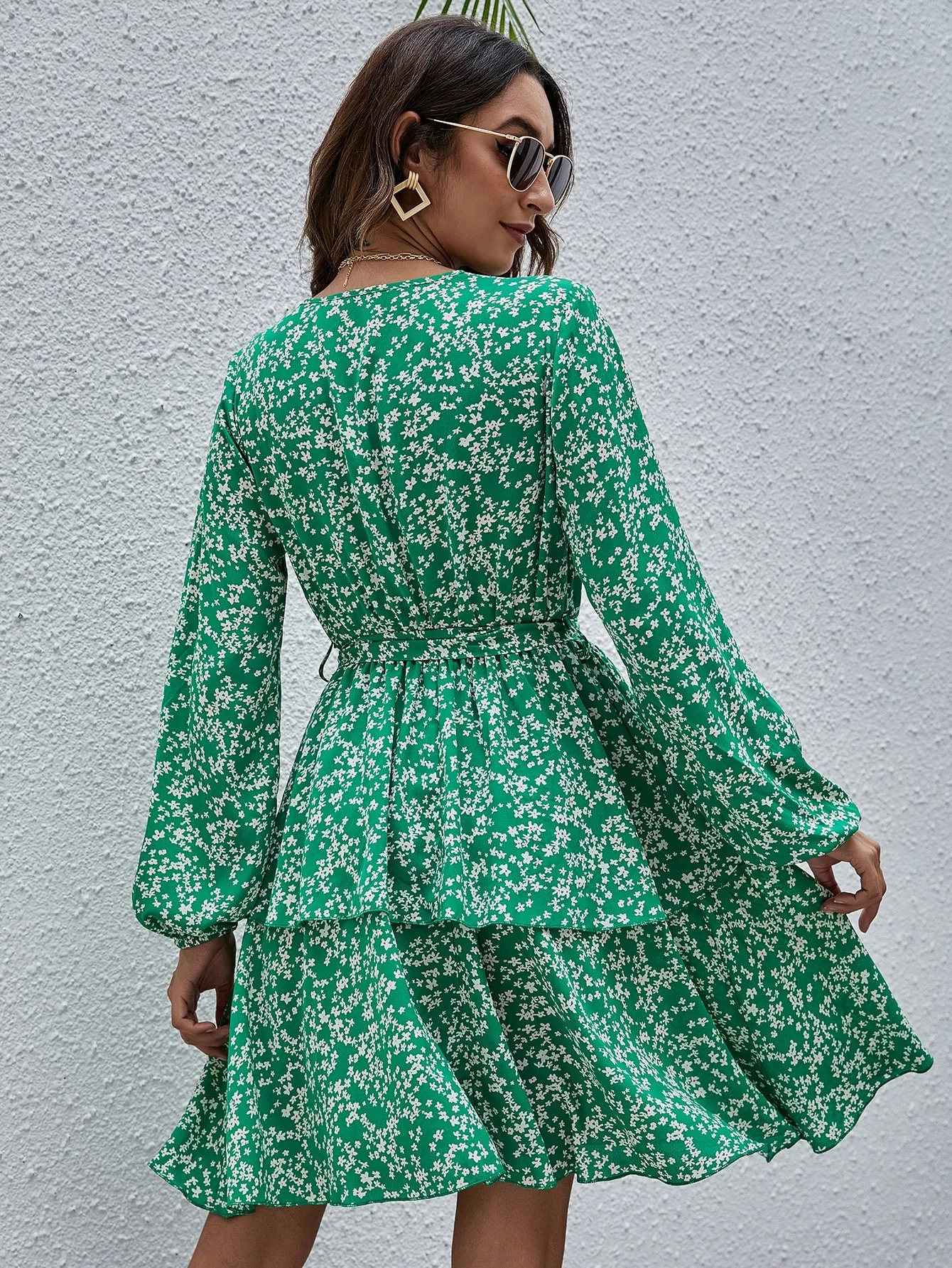 Ditsy Floral Belted Long Sleeve V Neck Layered/Tiered High Waist Short Dress
