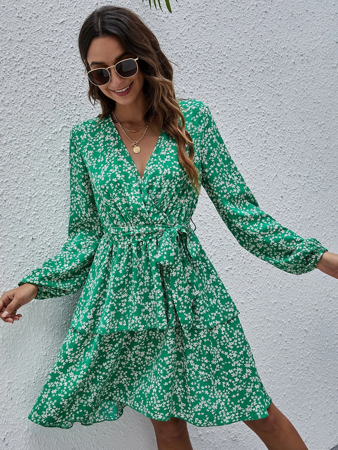 Ditsy Floral Belted Long Sleeve V Neck Layered/Tiered High Waist Short Dress