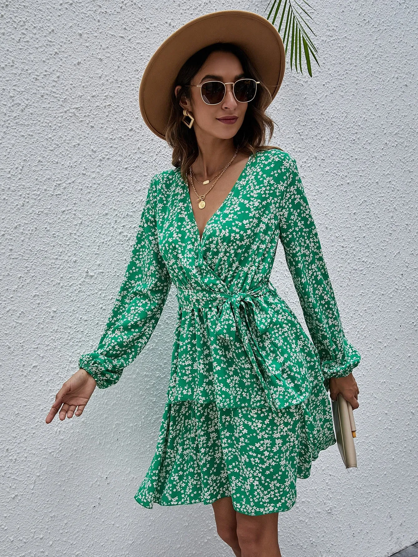 Ditsy Floral Belted Long Sleeve V Neck Layered/Tiered High Waist Short Dress