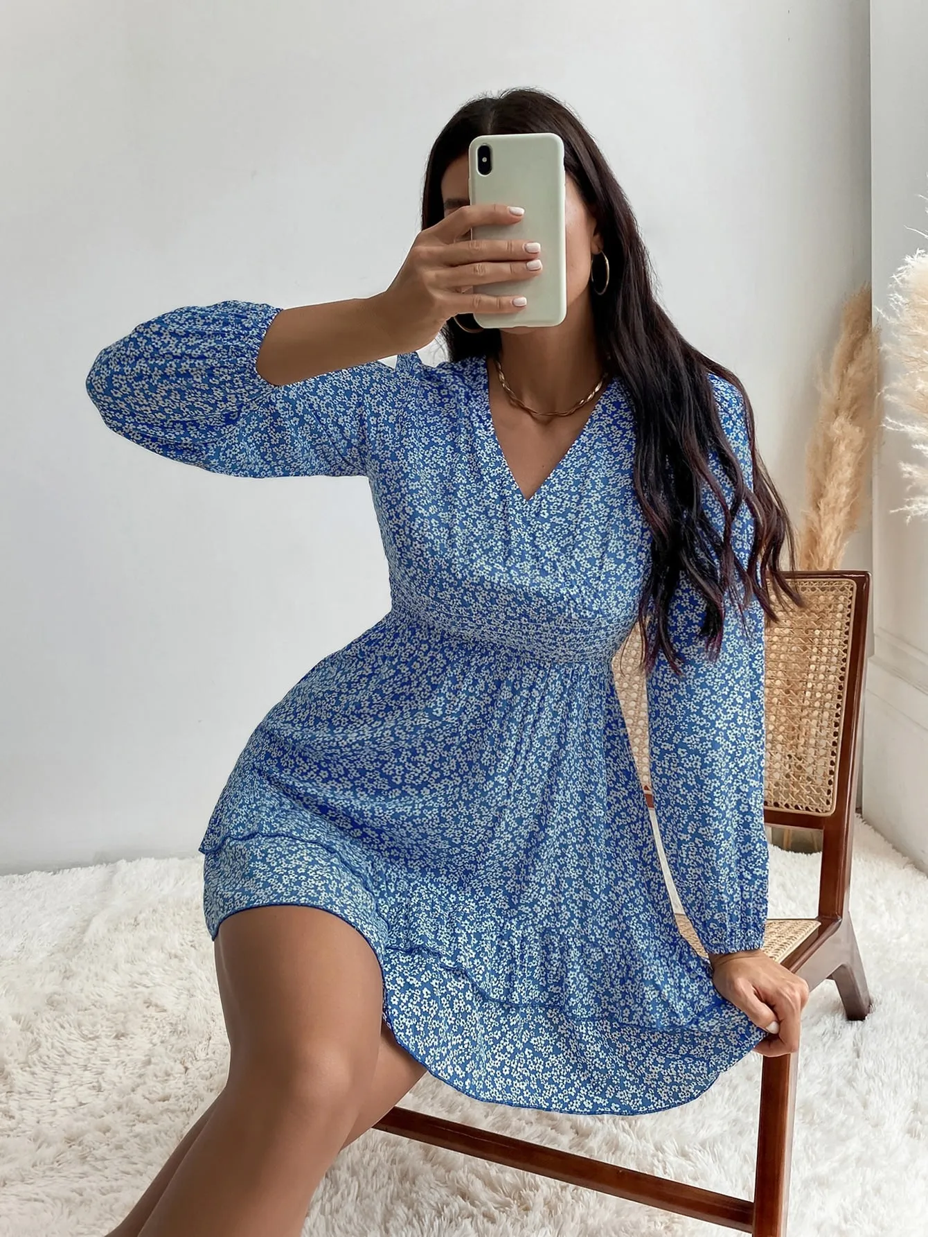 Ditsy Floral Tiered Layer Long Sleeve V Neck Layered/Tiered High Waist Short Dress