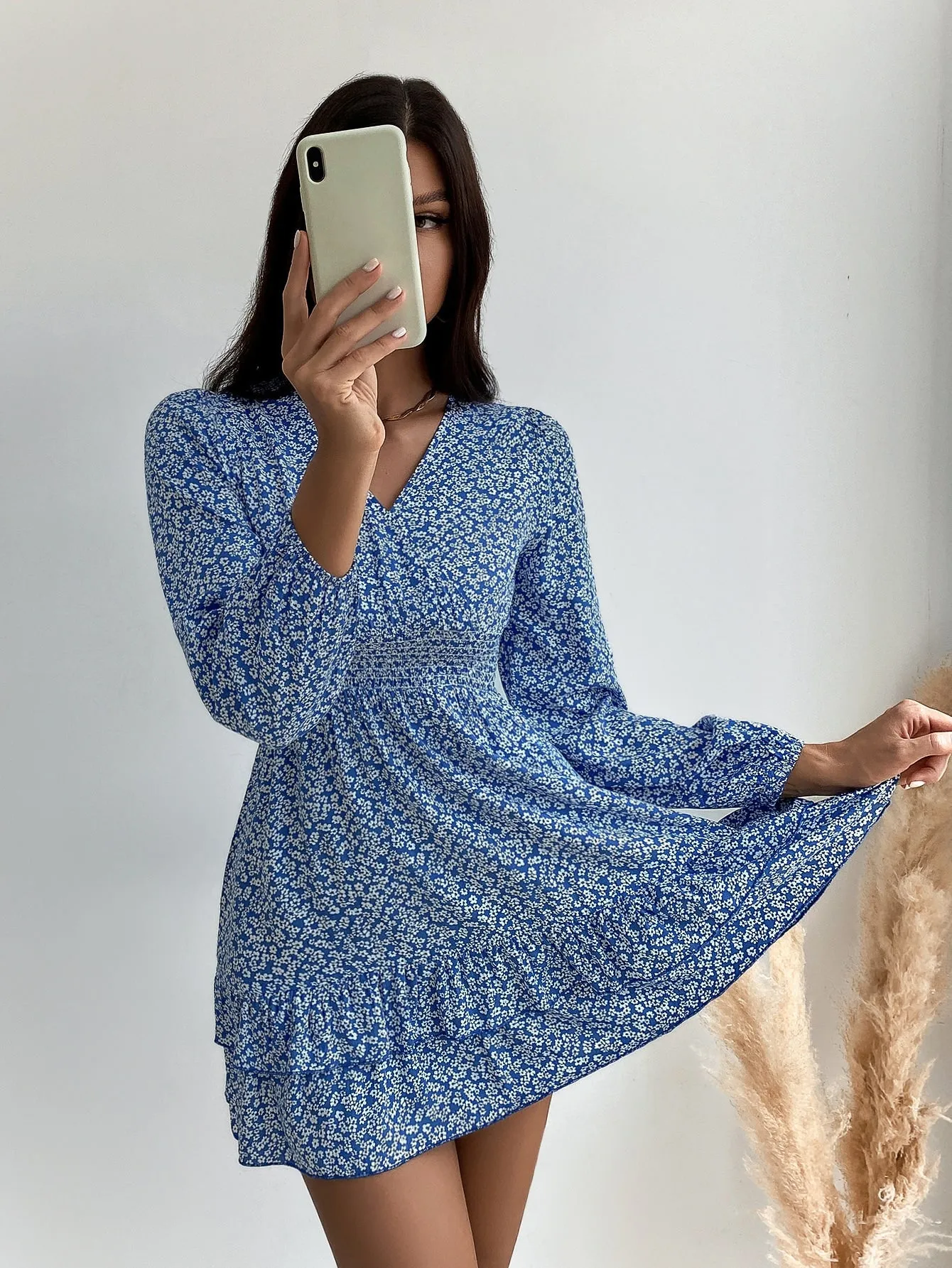 Ditsy Floral Tiered Layer Long Sleeve V Neck Layered/Tiered High Waist Short Dress