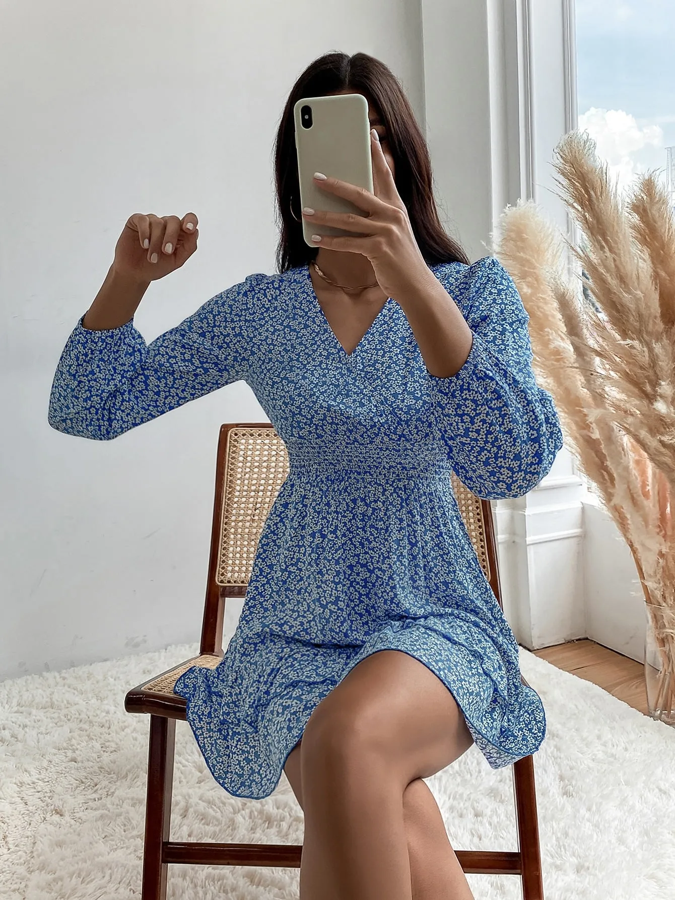 Ditsy Floral Tiered Layer Long Sleeve V Neck Layered/Tiered High Waist Short Dress