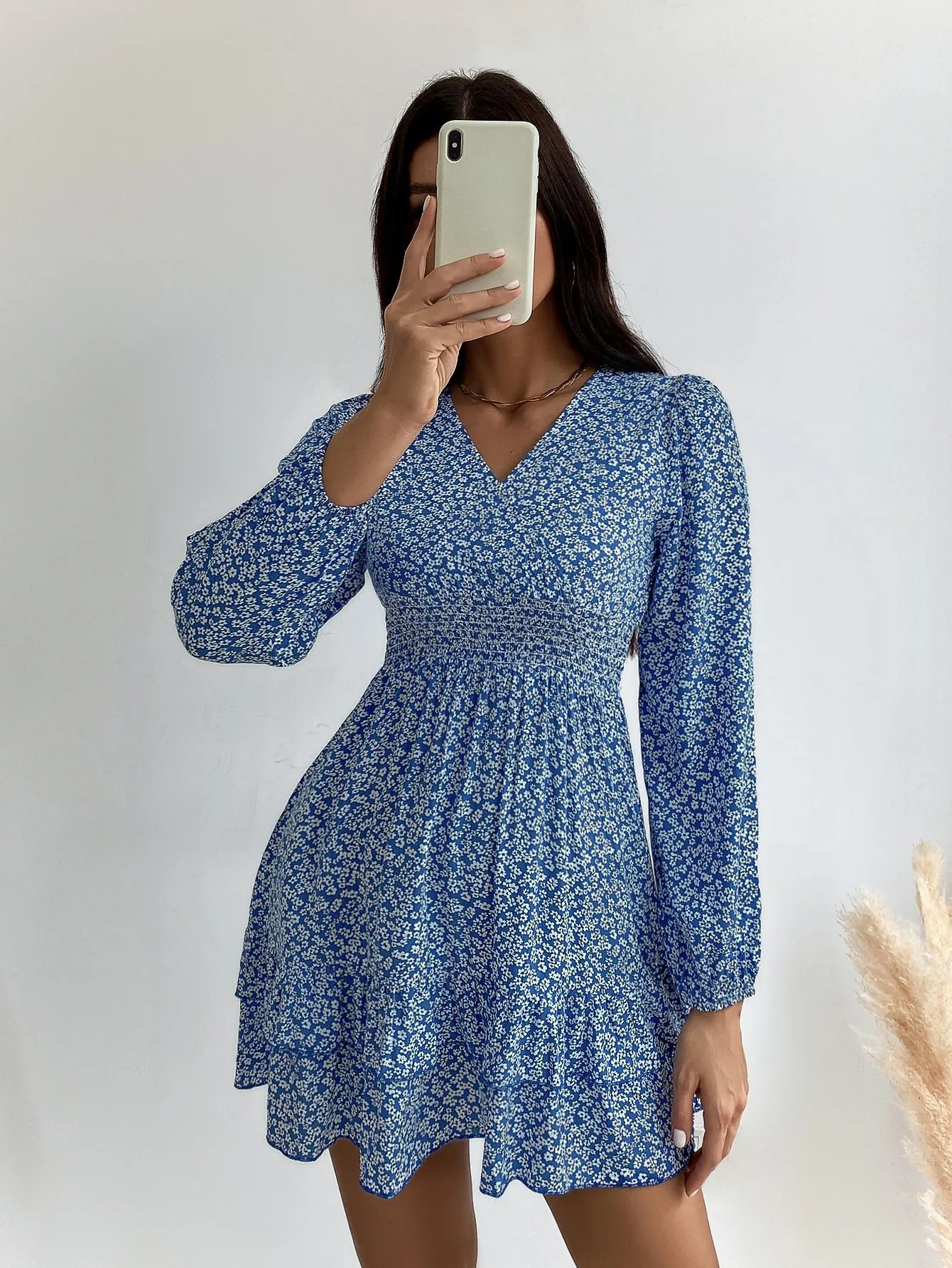 Ditsy Floral Tiered Layer Long Sleeve V Neck Layered/Tiered High Waist Short Dress
