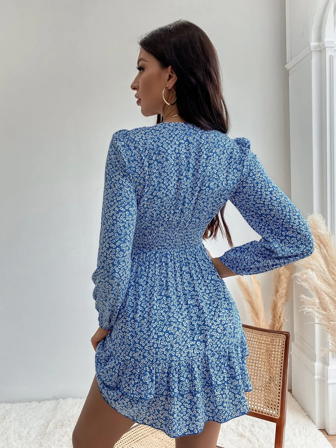 Ditsy Floral Tiered Layer Long Sleeve V Neck Layered/Tiered High Waist Short Dress