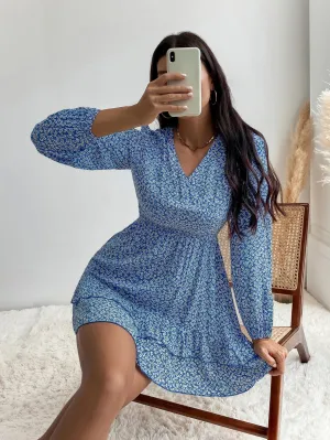 Ditsy Floral Tiered Layer Long Sleeve V Neck Layered/Tiered High Waist Short Dress