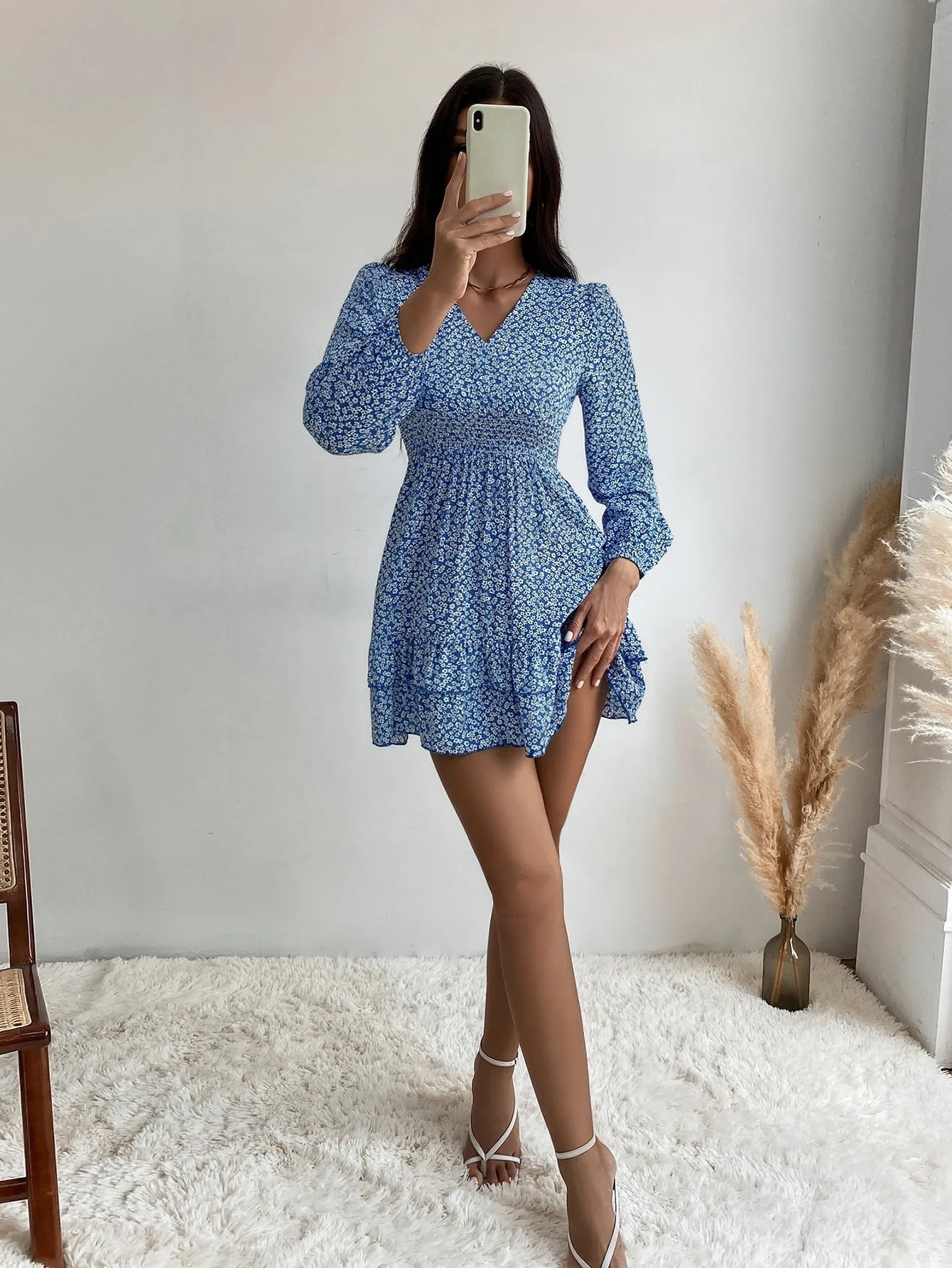 Ditsy Floral Tiered Layer Long Sleeve V Neck Layered/Tiered High Waist Short Dress