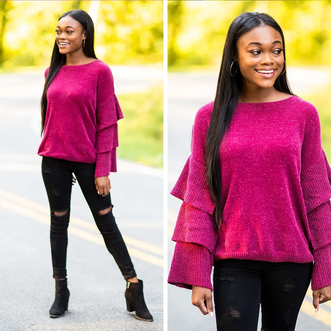 Dreaming Of Drama Wine Red Ruffled Sweater
