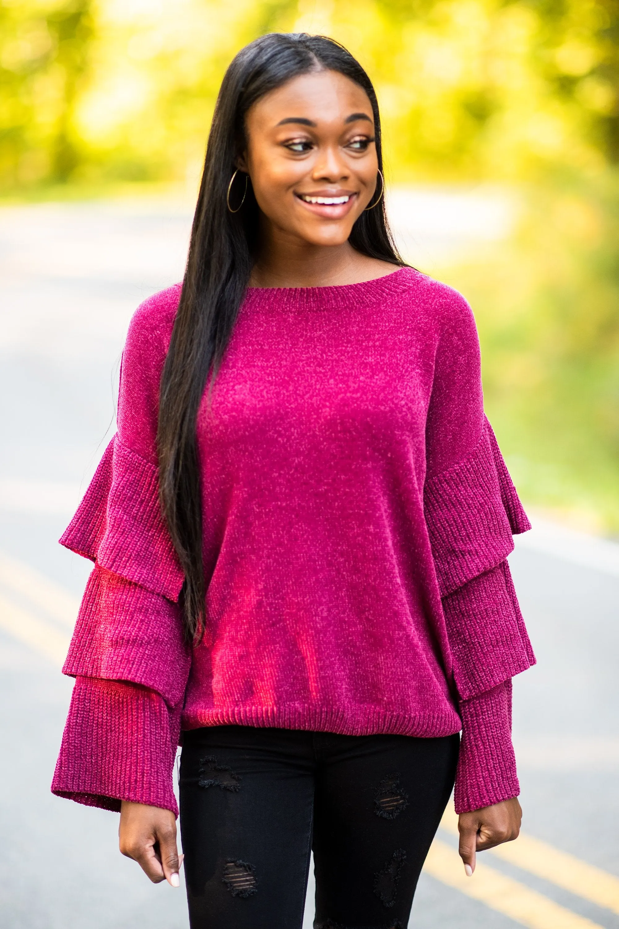 Dreaming Of Drama Wine Red Ruffled Sweater