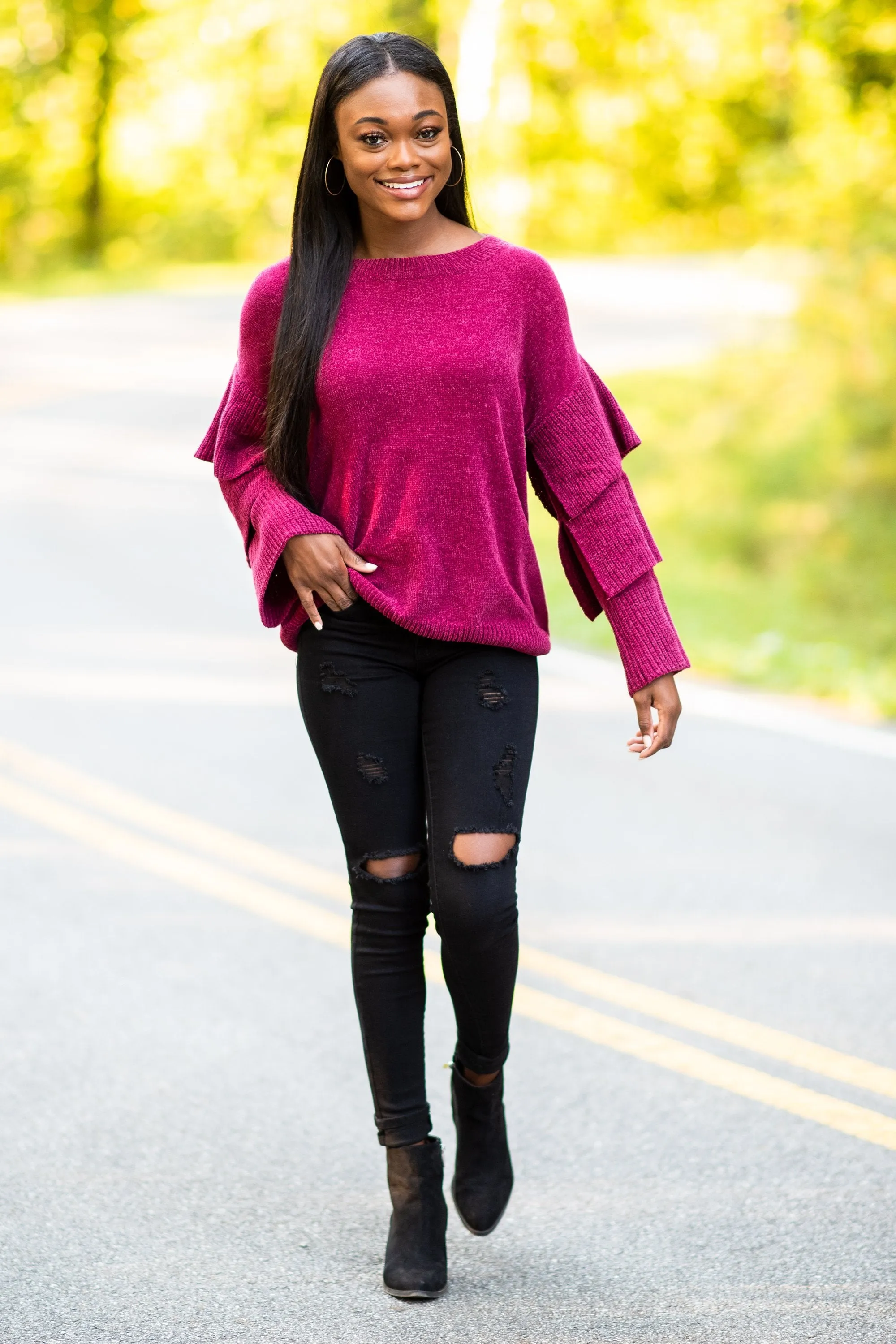Dreaming Of Drama Wine Red Ruffled Sweater