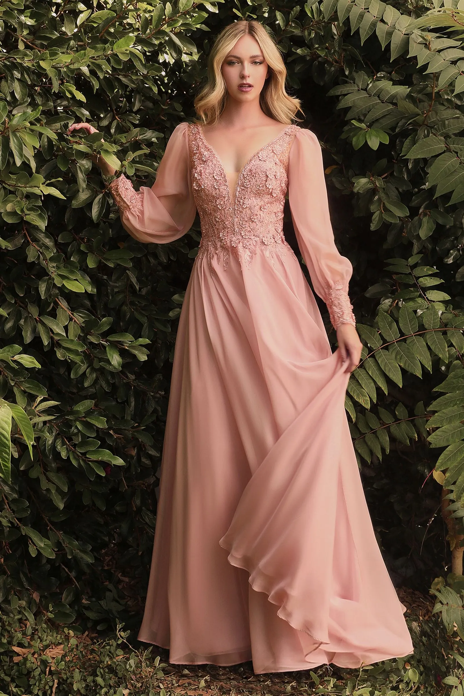 Elegant Long Puff Sleeves A-Line Chiffon Embellished V-Neck Open Back Long Evening & Prom Dress CDCD0183 Sale