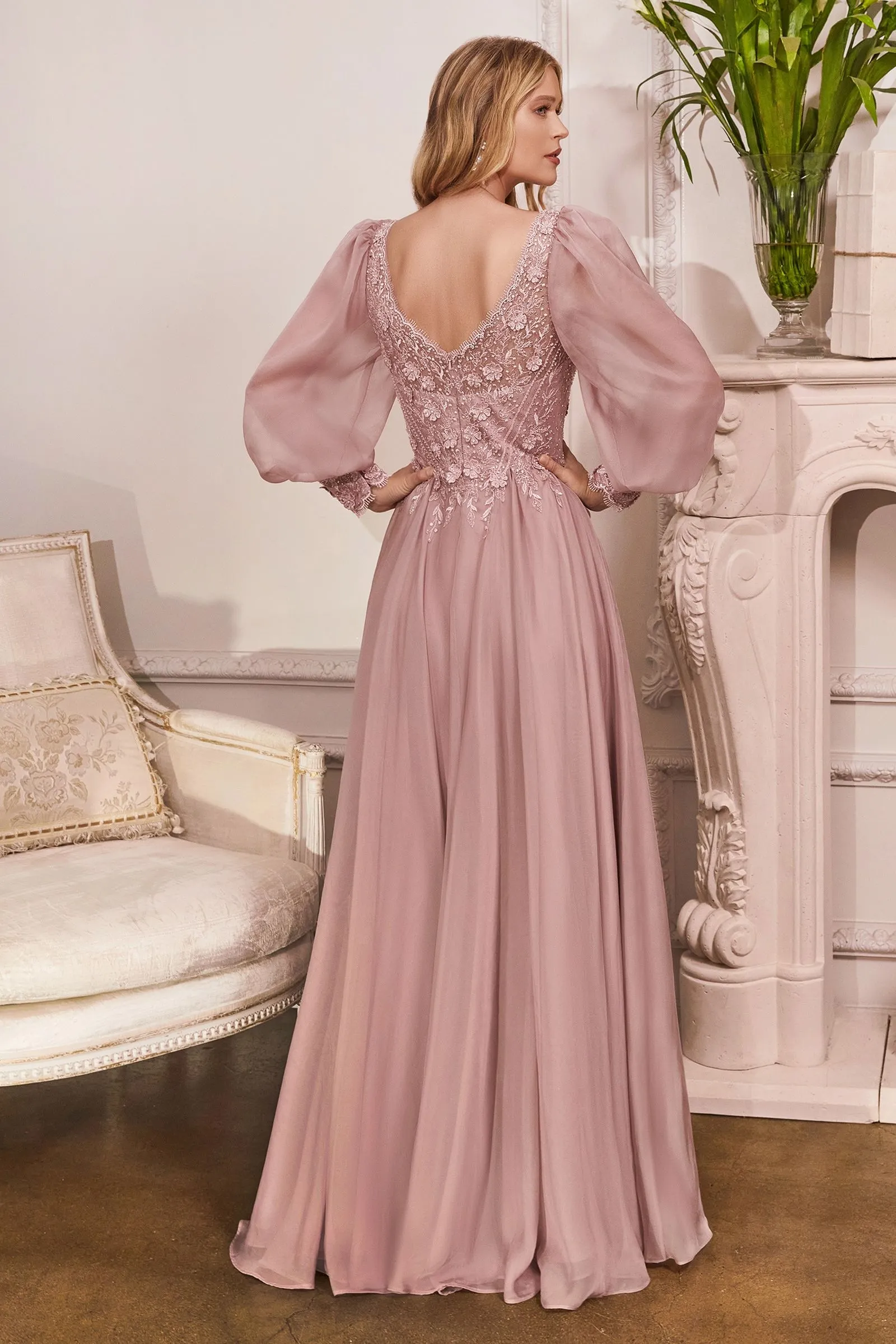 Elegant Long Puff Sleeves A-Line Chiffon Embellished V-Neck Open Back Long Evening & Prom Dress CDCD0183 Sale