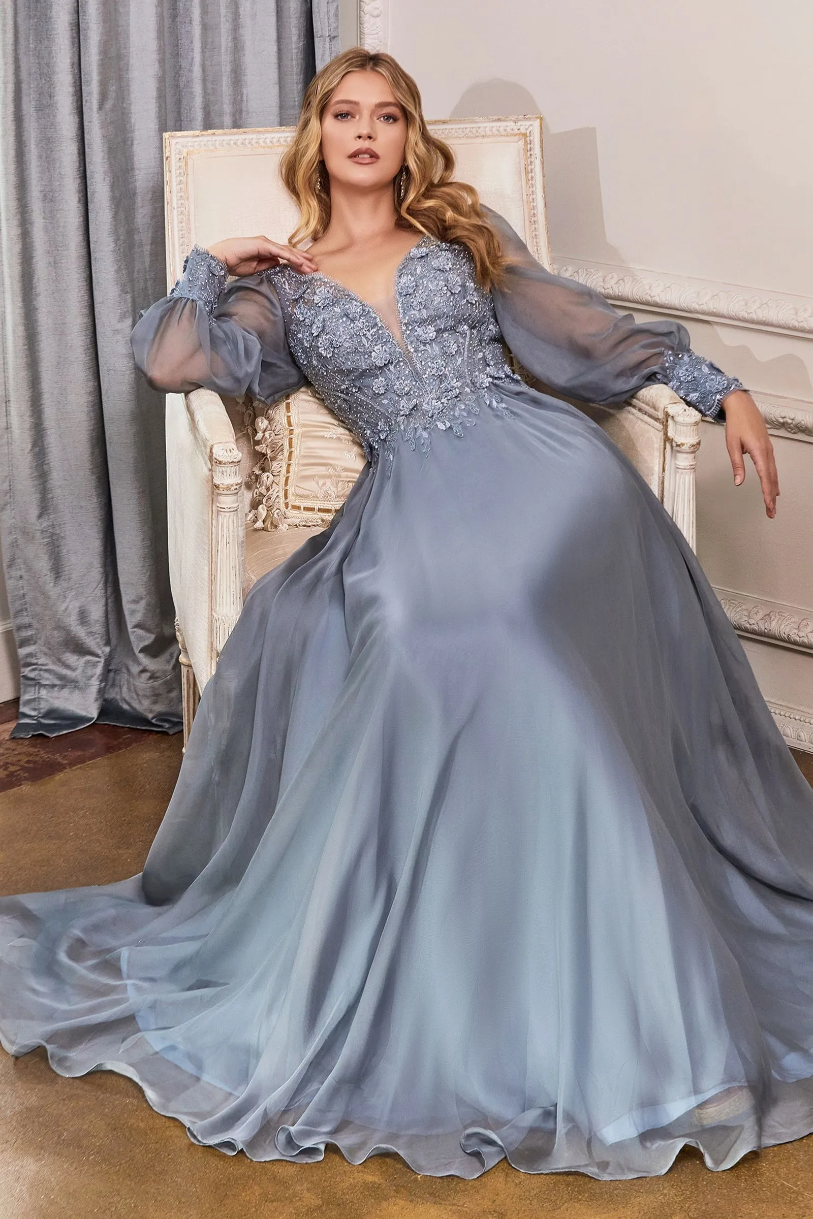 Elegant Long Puff Sleeves A-Line Chiffon Embellished V-Neck Open Back Long Evening & Prom Dress CDCD0183 Sale